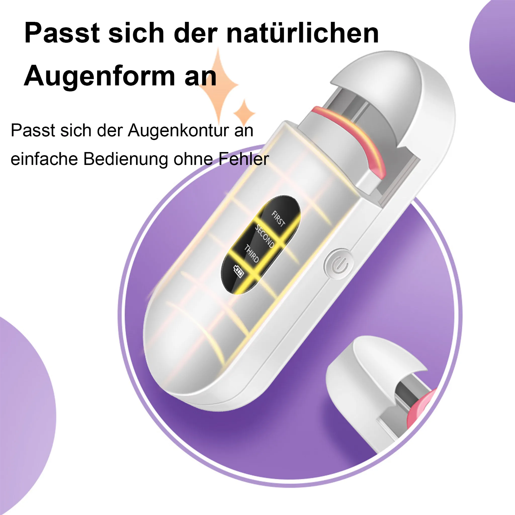 Ein weißes und graues Augenpflegegerät mit leuchtenden Details auf lila Hintergrund. Text: 'Passt sich der natürlichen Augenform an'.