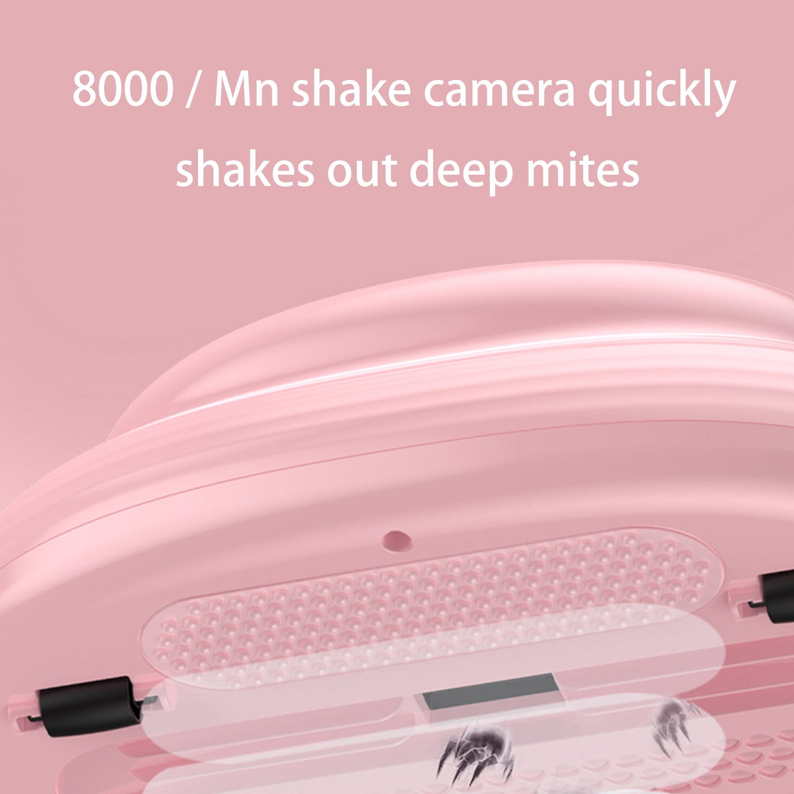 Rosa Gerät mit Text '8000/Mn shake camera'. Es zeigt Milben. Das Design hat eine rosa, runde Form mit einem Gitter.
