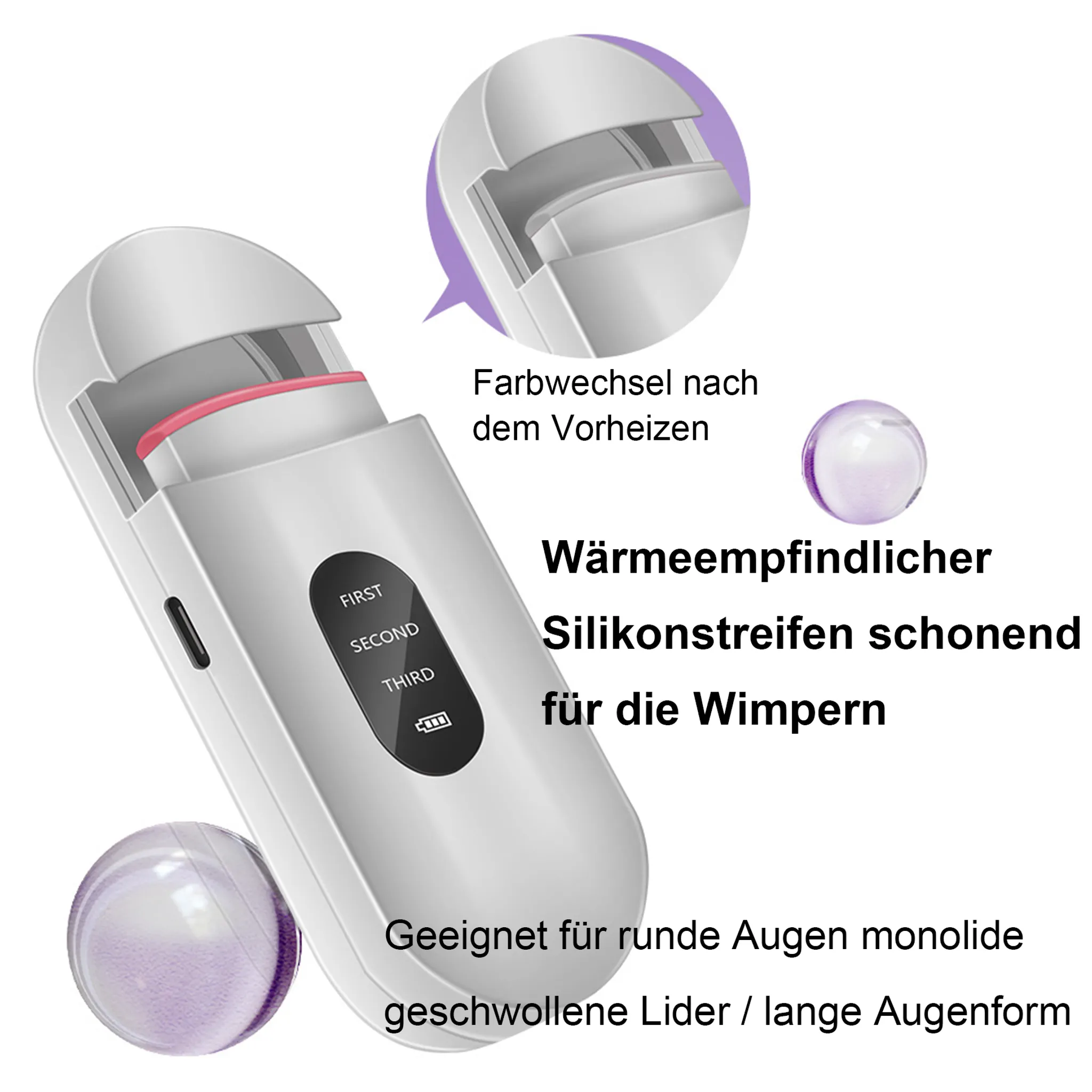 Ein weiß-grauer Wimpernformer mit Text und Diagrammen sowie zwei kleinen Kugeln.