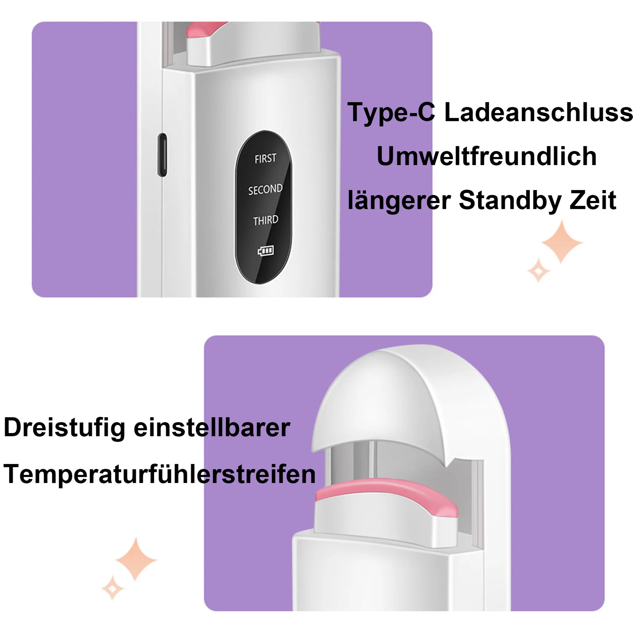 Ein weißes Gesichtsreinigungsgerät mit Text auf Deutsch. Es hat einen rosa Teil und ein digitales Display mit drei Optionen.