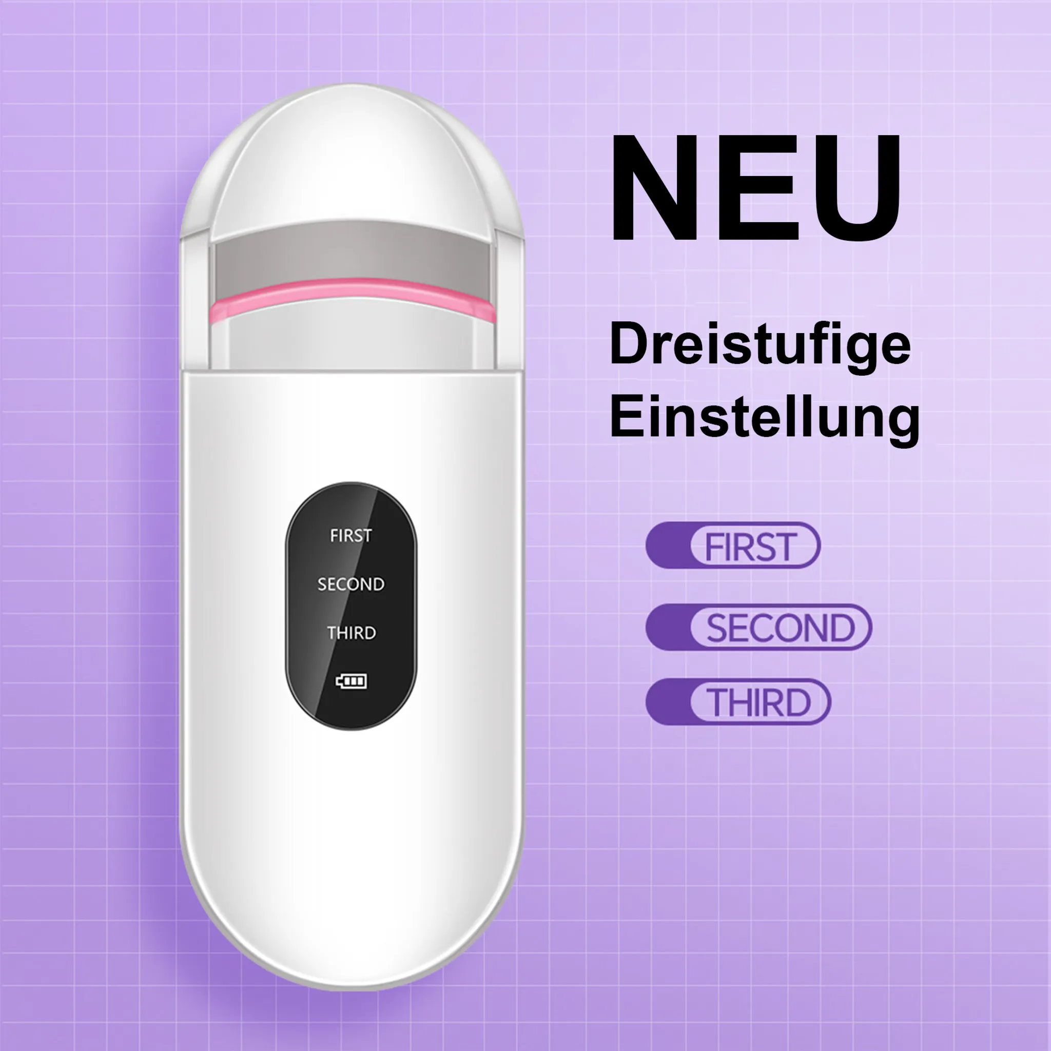 Weißer Wimpernzange mit rosa Polster. Text: NEU, Dreistufige Einstellung, First, Second, Third. Lila Gitterhintergrund.