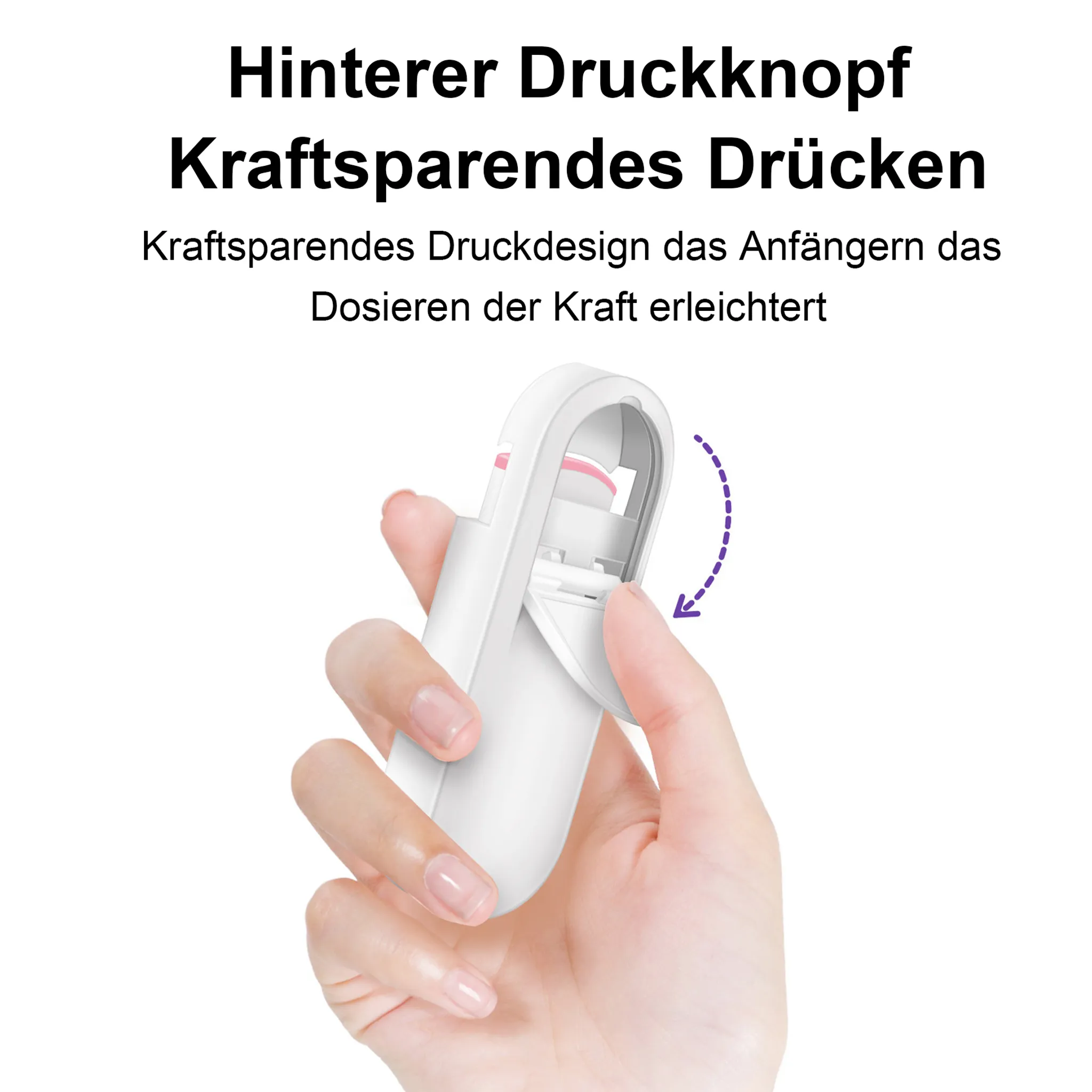 Eine Hand hält ein weißes Beauty-Tool. Der Text auf Deutsch lautet 'hintere Drucktaste' und 'kraftsparendes Drücken'.