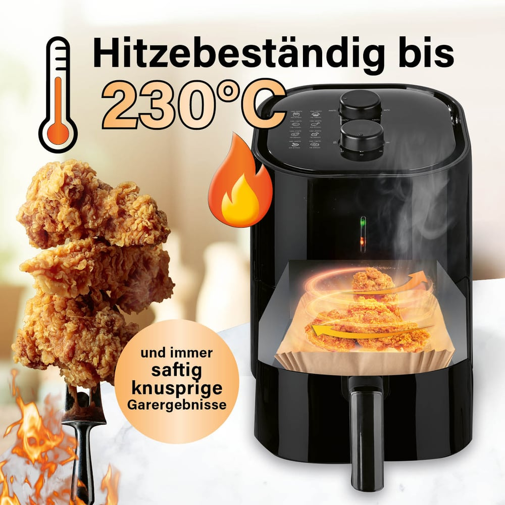 Eine Heißluftfritteuse mit Hähnchen, ein Thermometer, das 230 Grad anzeigt, und deutscher Text, der das Produkt bewirbt.
