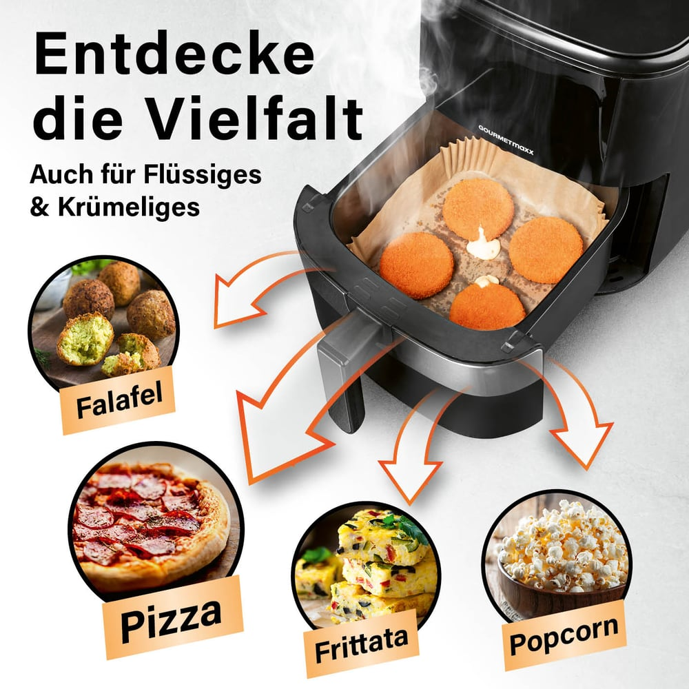 Eine Heißluftfritteuse mit Essensbeispielen: Falafel, Pizza, Frittata und Popcorn. Die Fritteuse enthält orangefarbene Pasteten. Text: Entdecke die Vielfalt.