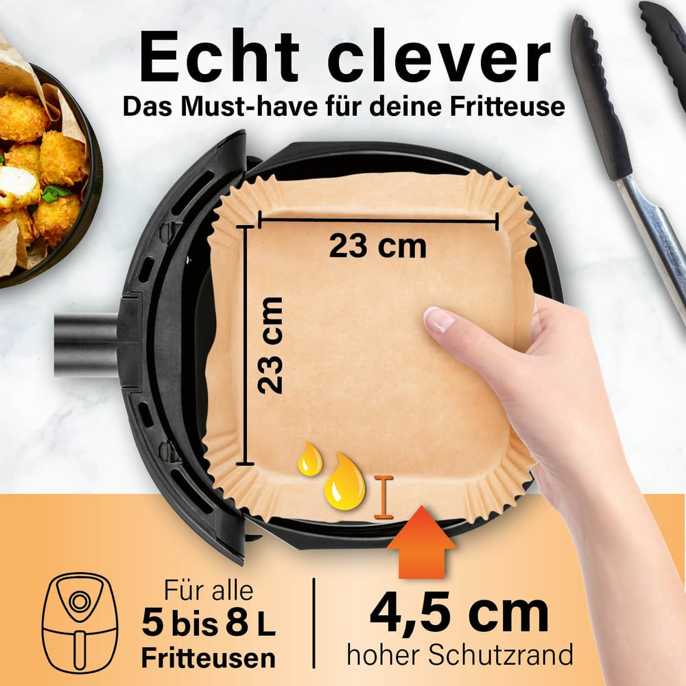 Eine Heißluftfritteuse mit Papiereinlage. Abmessungen: 23 cm x 23 cm. Text: 'Echt clever'. Auch Öltropfen und ein Pfeil.