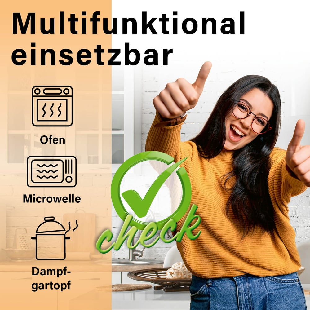Eine Frau mit Brille gibt zwei Daumen hoch. Das Bild hat Text und Symbole für Ofen, Mikrowelle und Dampfgarer.