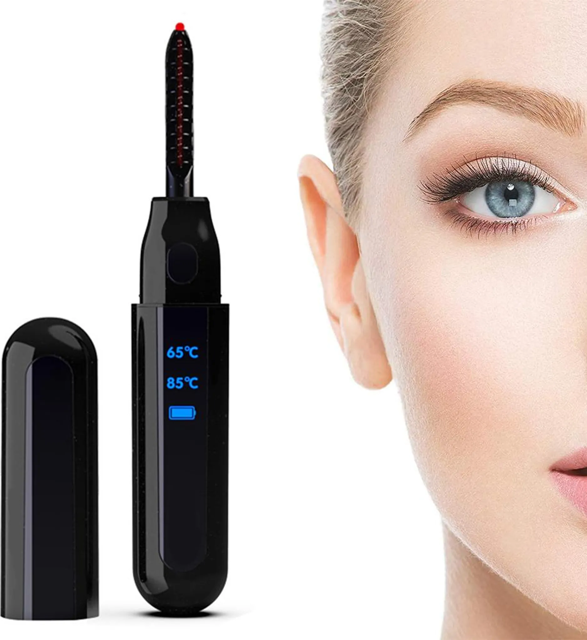 Ein Wimpernzange neben dem Gesicht einer Frau, die ein Auge mit langen Wimpern zeigt. Der Lockenwickler ist schwarz und zeigt die Temperatur.
