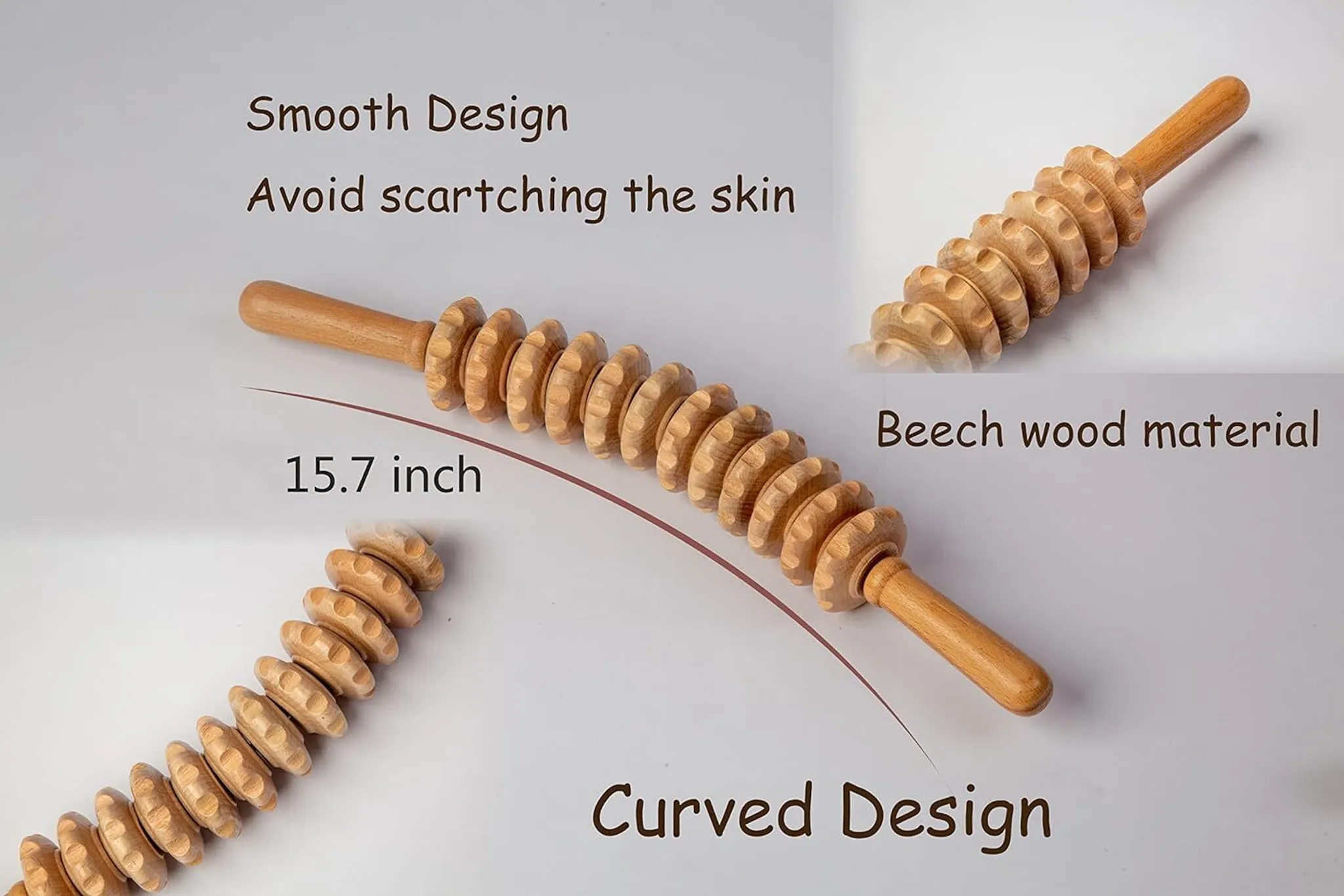 Holz-Massagerolle mit geschwungenem Design. Sie ist 15,7 Zoll lang und aus Buchenholz gefertigt. Das Design ist glatt, um Hautkratzer zu vermeiden.