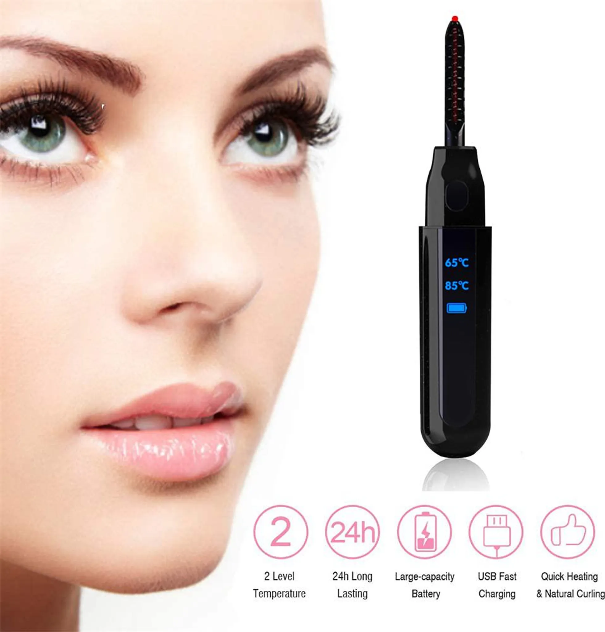 Frauengesicht neben einem Wimpernzange. Der Lockenstab hat ein Digitaldisplay. Symbole zeigen Produkteigenschaften.