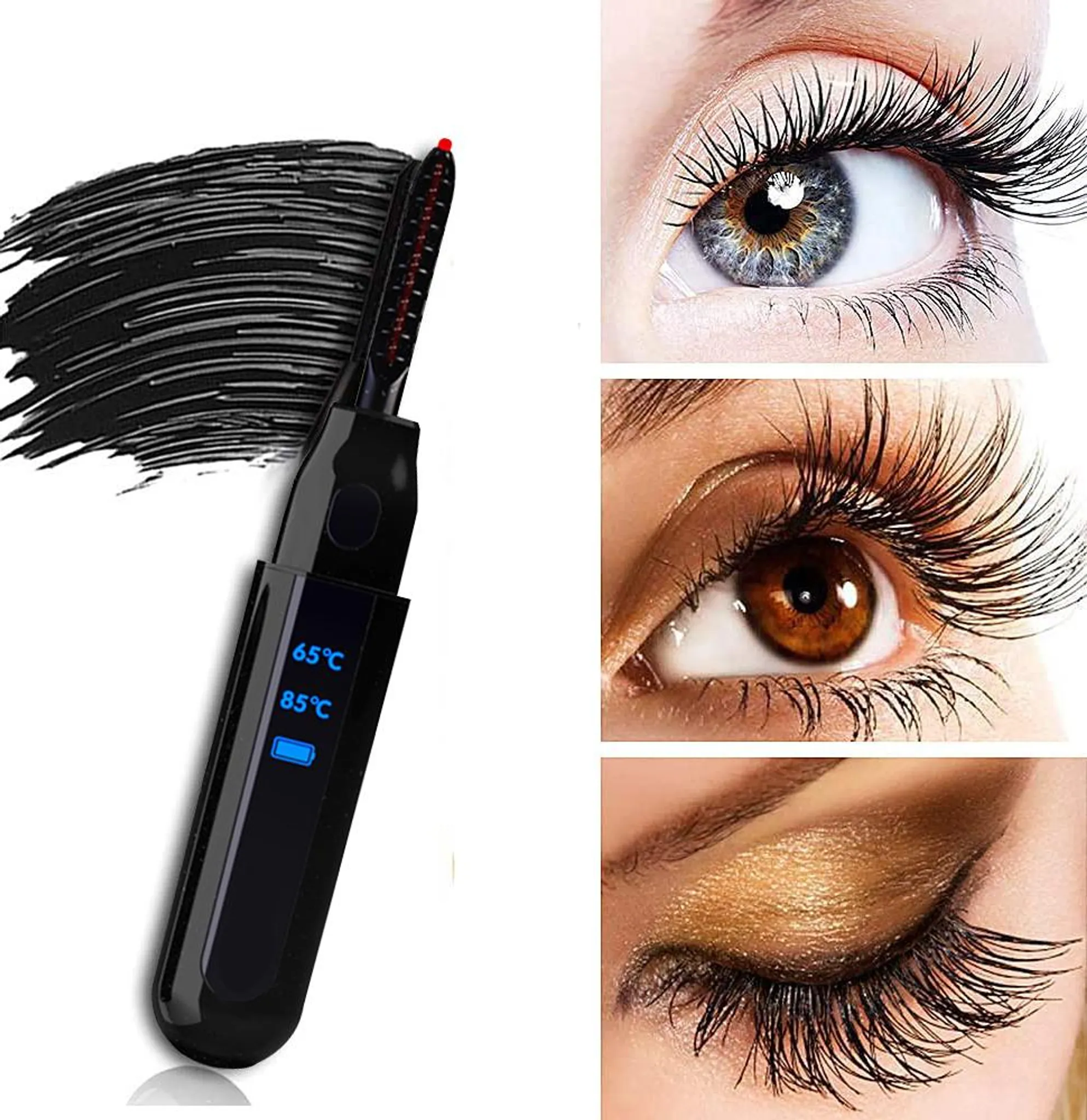 Ein Wimpernformer mit schwarzem Griff wird neben drei Nahaufnahmen von Augen mit unterschiedlichen Augenfarben und Make-up gezeigt.