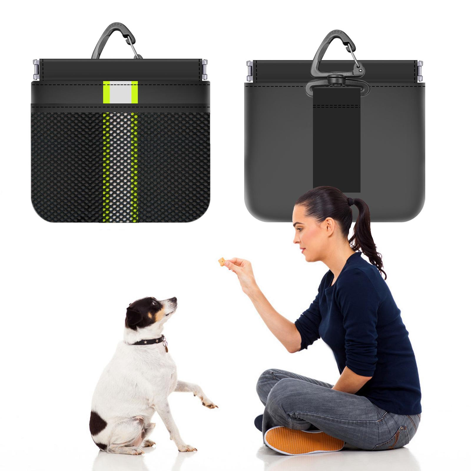 Eine Frau sitzt und bietet einem Hund ein Leckerli an. Im Hintergrund befinden sich zwei schwarze Taschen mit Karabinerhaken.