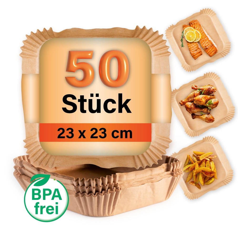 Das Bild zeigt eine Packung mit 50 Backförmchen mit Lebensmittelproben: Lachs, Hähnchenkeulen und Pommes. Die Packung ist BPA-frei.