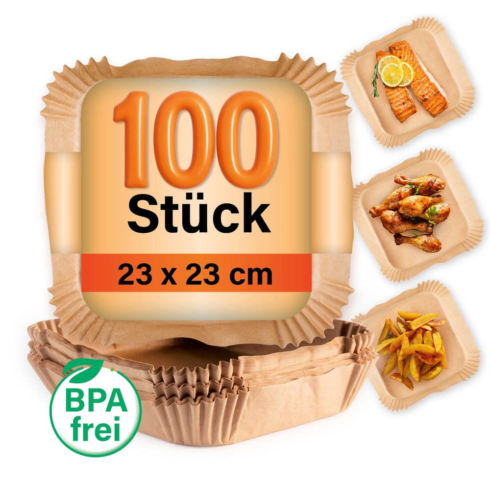 Das Bild zeigt Papier-Backbecher, mit '100 Stück' auf der Vorderseite. Verschiedene Speisen in ähnlichen Bechern werden gezeigt: Lachs, Huhn, Pommes.