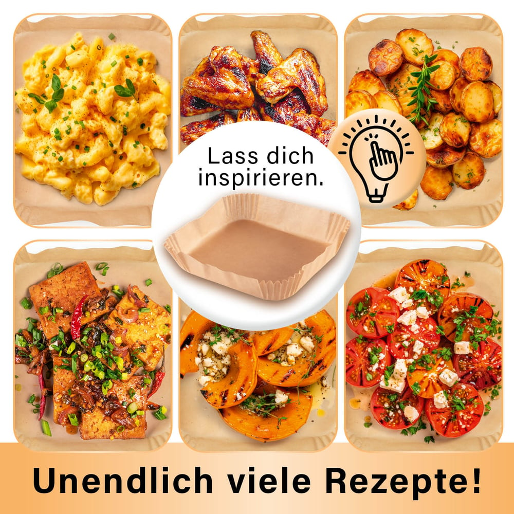 Das Bild zeigt verschiedene Gerichte: Makkaroni mit Käse, Hähnchenflügel, Kartoffeln, Tofu, Kürbis und Tomaten. Text: 'Unendlich viele Rezepte!'