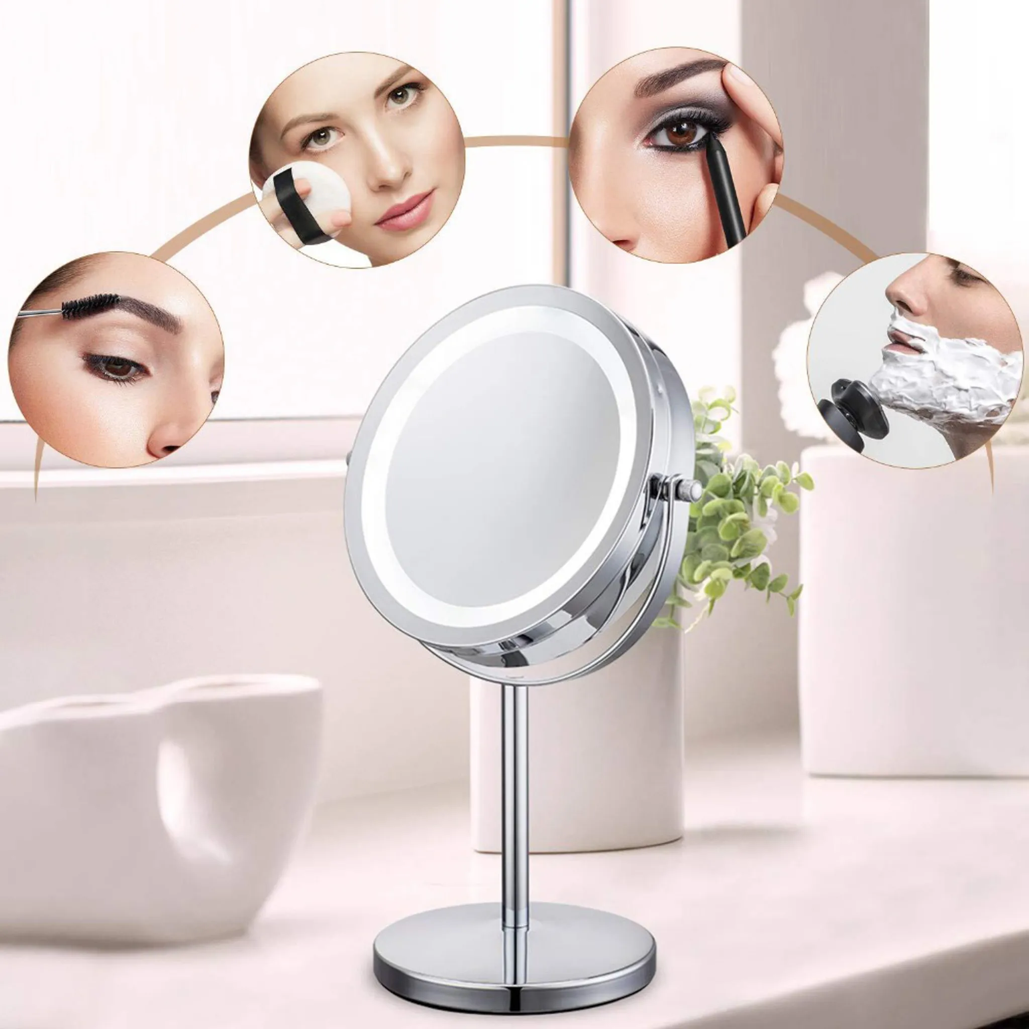 Ein Vergrößerungsspiegel mit Licht, umgeben von Bildern von Make-up-Anwendung und Rasur. Er steht auf einer weißen Oberfläche.