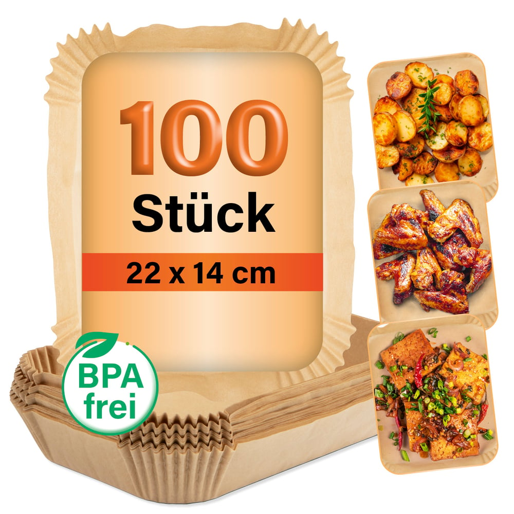Braune Papier-Backformen mit Text '100 Stück' und Lebensmittelbeispiele: Kartoffeln, Hähnchenflügel und Tofu. 'BPA frei' Etikett vorhanden.