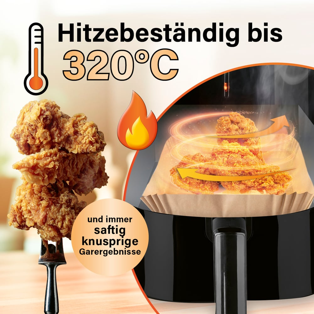 Das Bild zeigt gebratenes Hähnchen mit Text über Hitzebeständigkeit bis 320°C. Rechts ist eine Heißluftfritteuse mit Hähnchen drin.