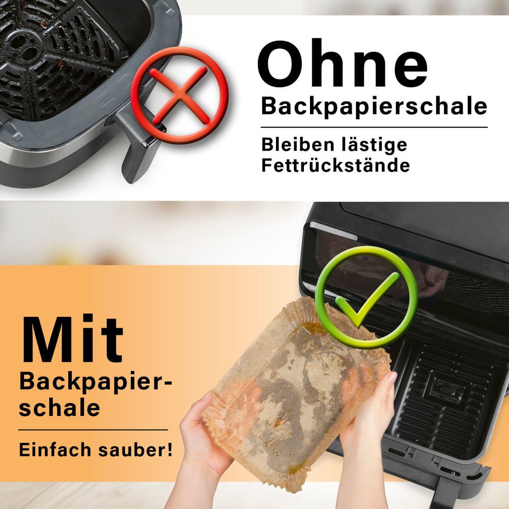 Vergleichsbild: Heißluftfritteuse mit und ohne Backpapier. Ohne hat ein rotes X, mit einen grünen Haken.