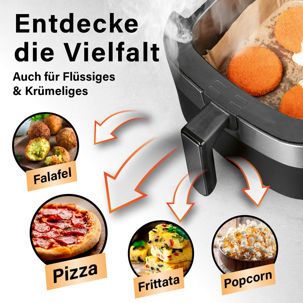 Ein Airfryer mit Essensbeispielen: Falafel, Pizza, Frittata und Popcorn. Oranges Essen im Frittierer, Text 'Entdecke die Vielfalt'.