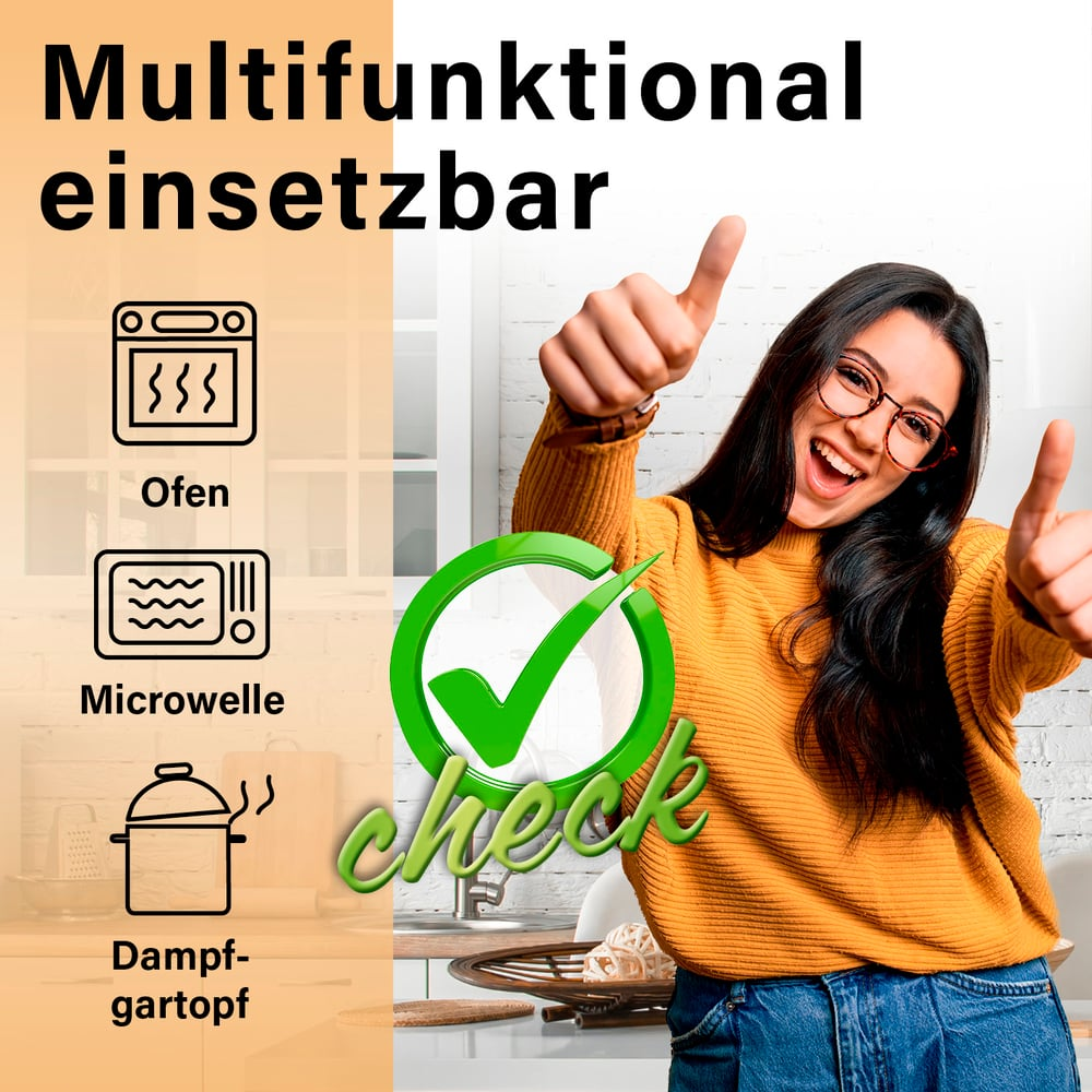 Frau mit Daumen hoch, Check-Logo, Kochsymbolen. Text: Multifunktional einsetzbar.