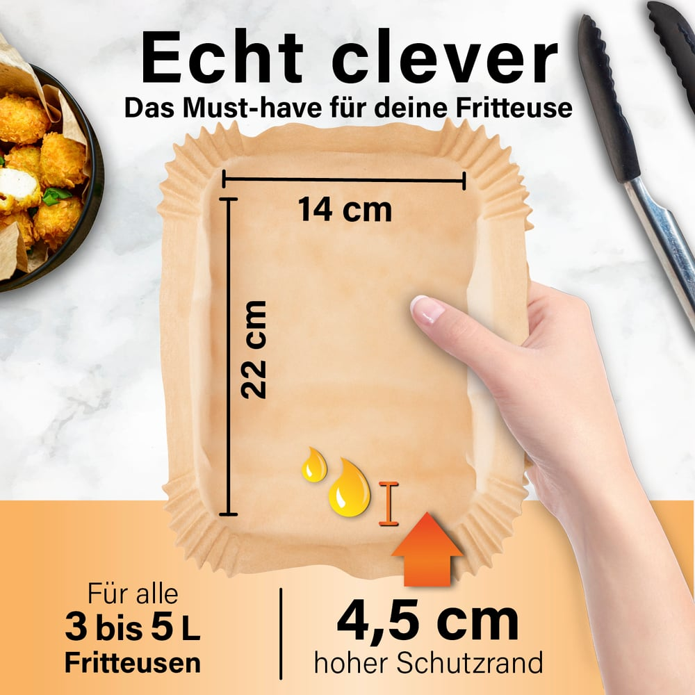 Eine Hand hält eine Papierschale für eine Fritteuse. Text zeigt Abmessungen und Öltropfensymbole. Text lautet 'Echt clever', '3 bis 5 L Fritteusen'.