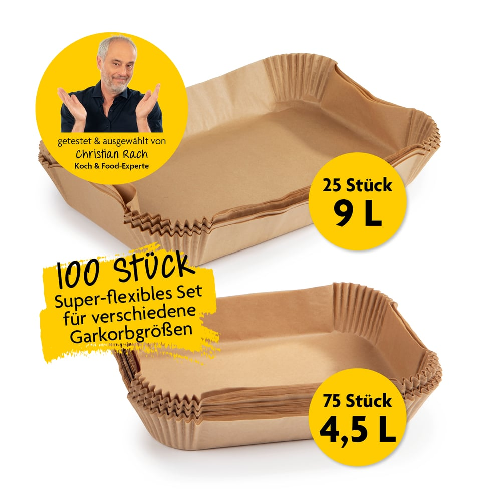 Zwei Sätze brauner Papierbackformen mit Text und einem Männergesicht in einem gelben Kreis, Produktinformationen.