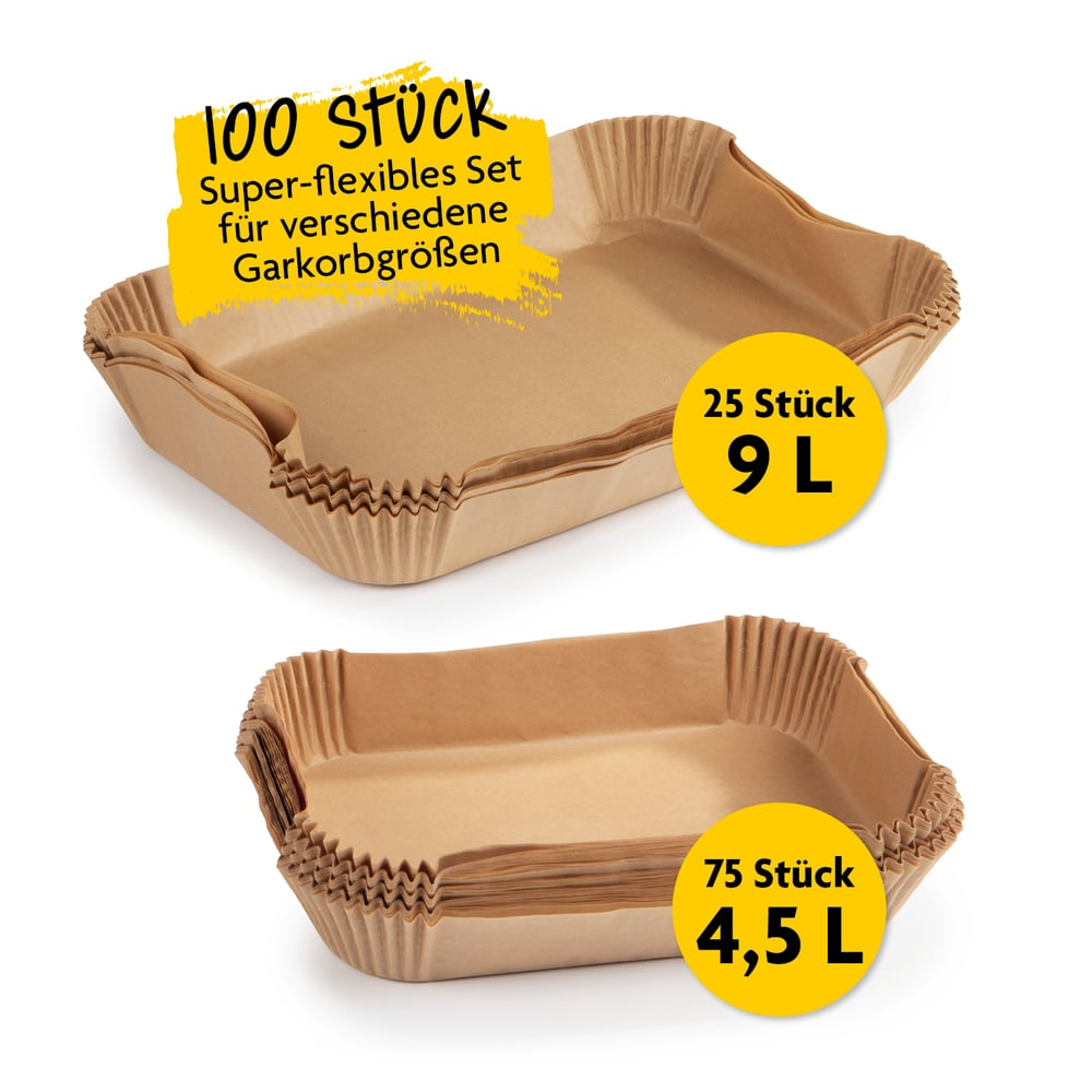 Zwei Stapel brauner Papierbackformen. Einer hat 25 Stück, 9L. Der andere hat 75 Stück, 4,5L. Text auf Deutsch sagt 100 Stück Set.