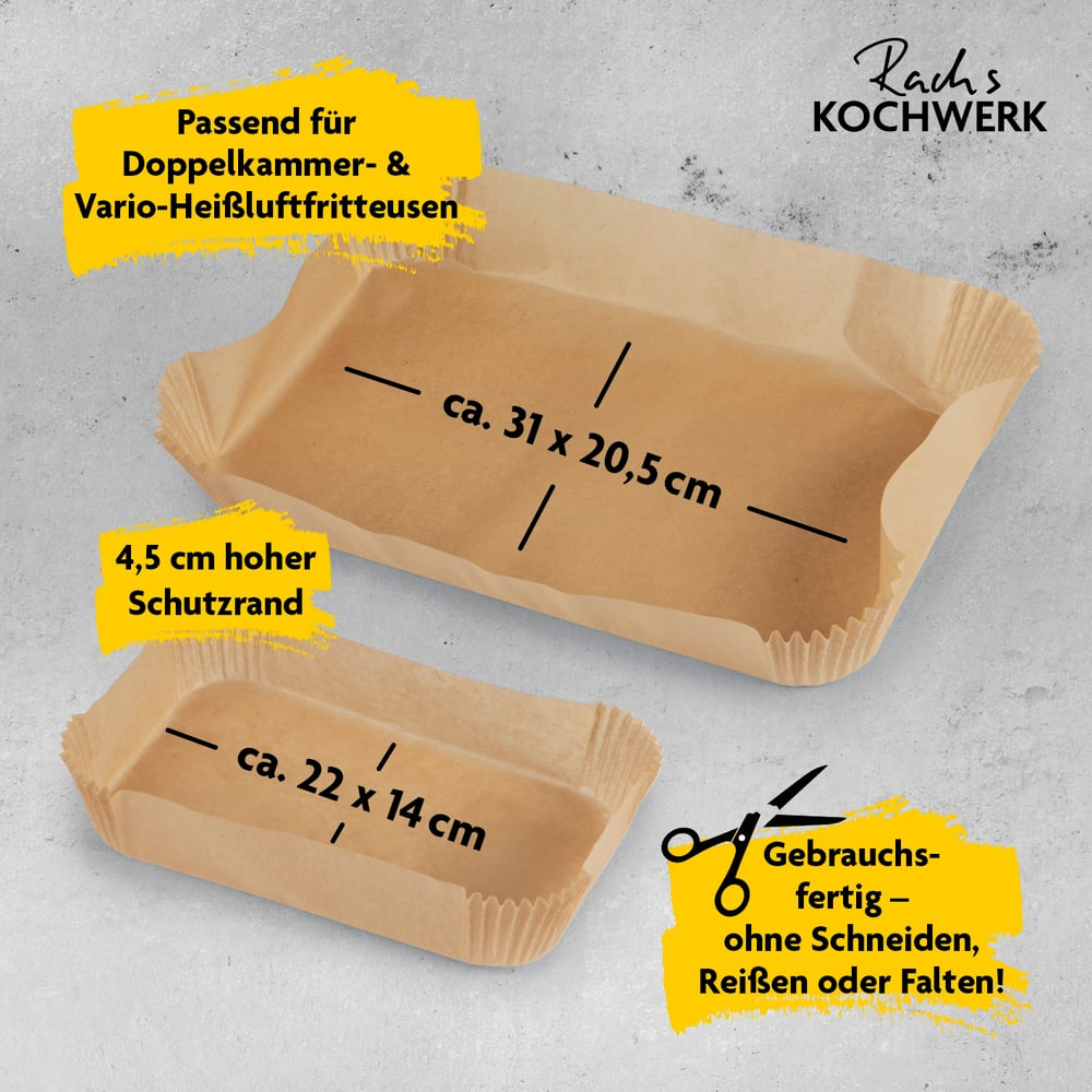 Zwei braune Papierbackformen mit Maßen und Text. Gelber Text beschriftet die Formen und erwähnt die Verwendung für Airfryer.