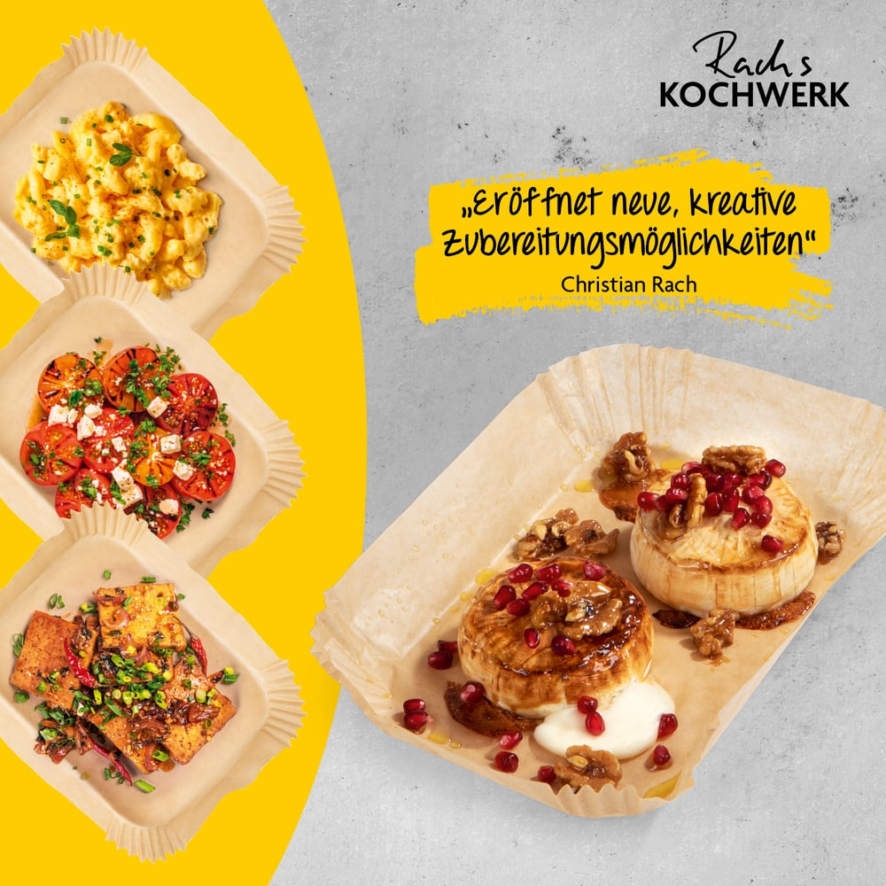 Das Bild zeigt verschiedene Gerichte auf Papptellern: Mac and Cheese, Tomaten mit Feta, gebratener Tofu und gebackener Brie mit Granatapfelkernen.