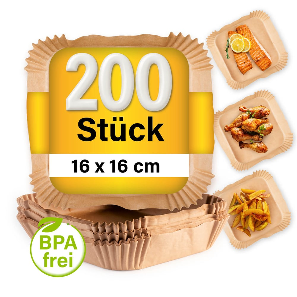 Das Bild zeigt Einweg-Papierschalen mit Lebensmittelproben darauf. Text: 200 Stück, 16x16 cm. BPA frei Logo ist auch vorhanden.