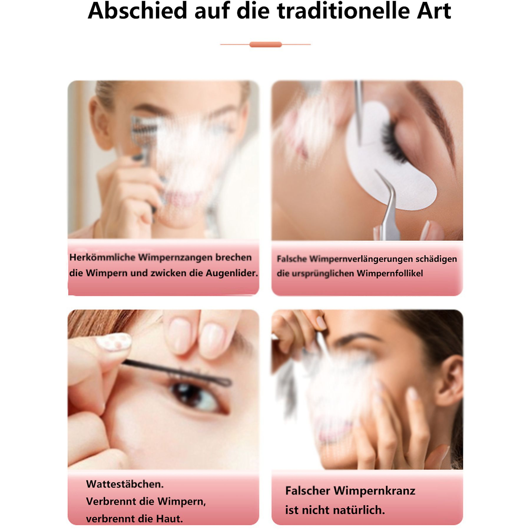 Das Bild zeigt, wie man mit Wimpern umgehen sollte. Enthält Werkzeuge, Aktionen und Text auf Deutsch.