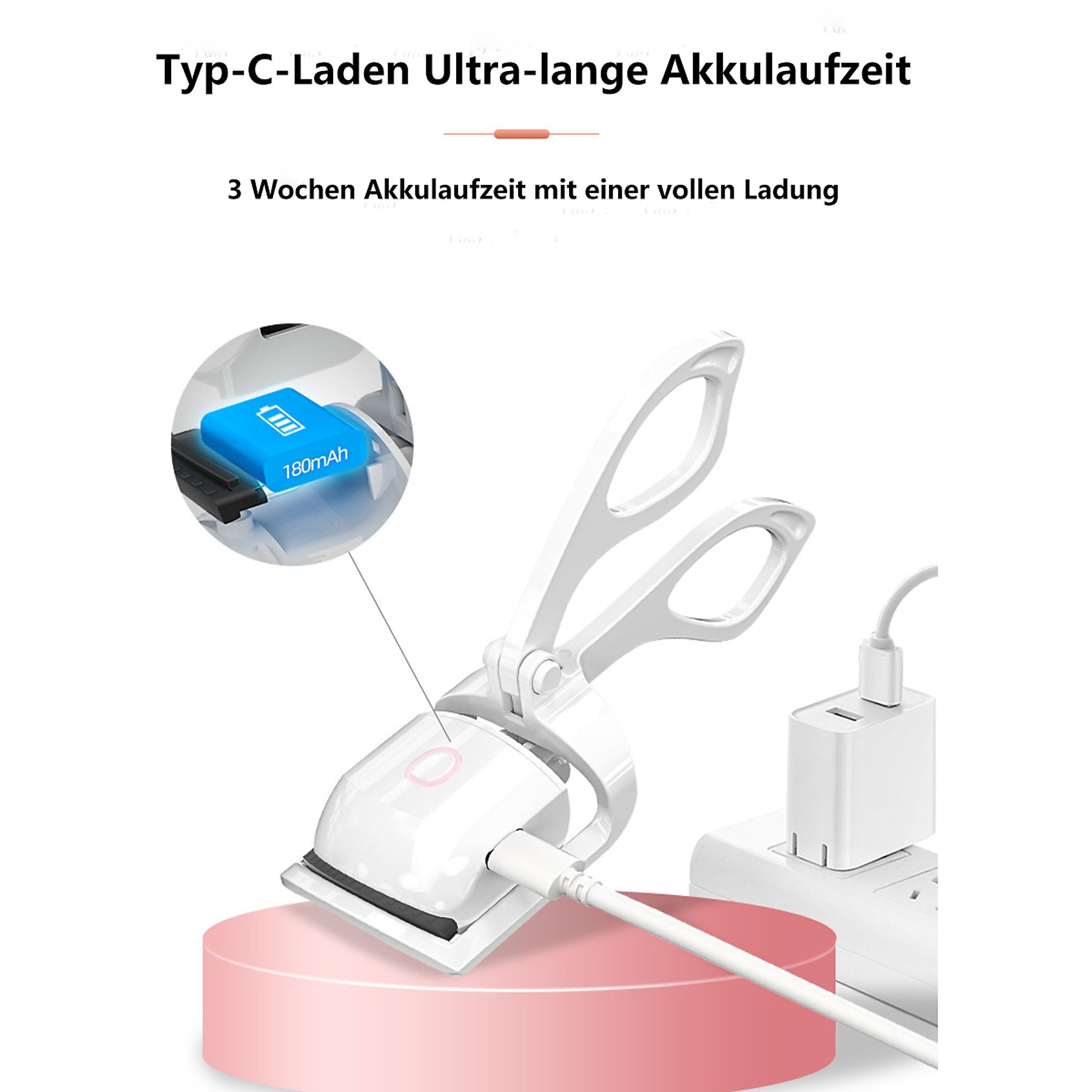 Weißes Gerät mit scherenartigen Griffen, das mit einem USB-Kabel aufgeladen wird. Das Gerät steht auf einem rosa Ständer. Blaues Batteriesymbol.