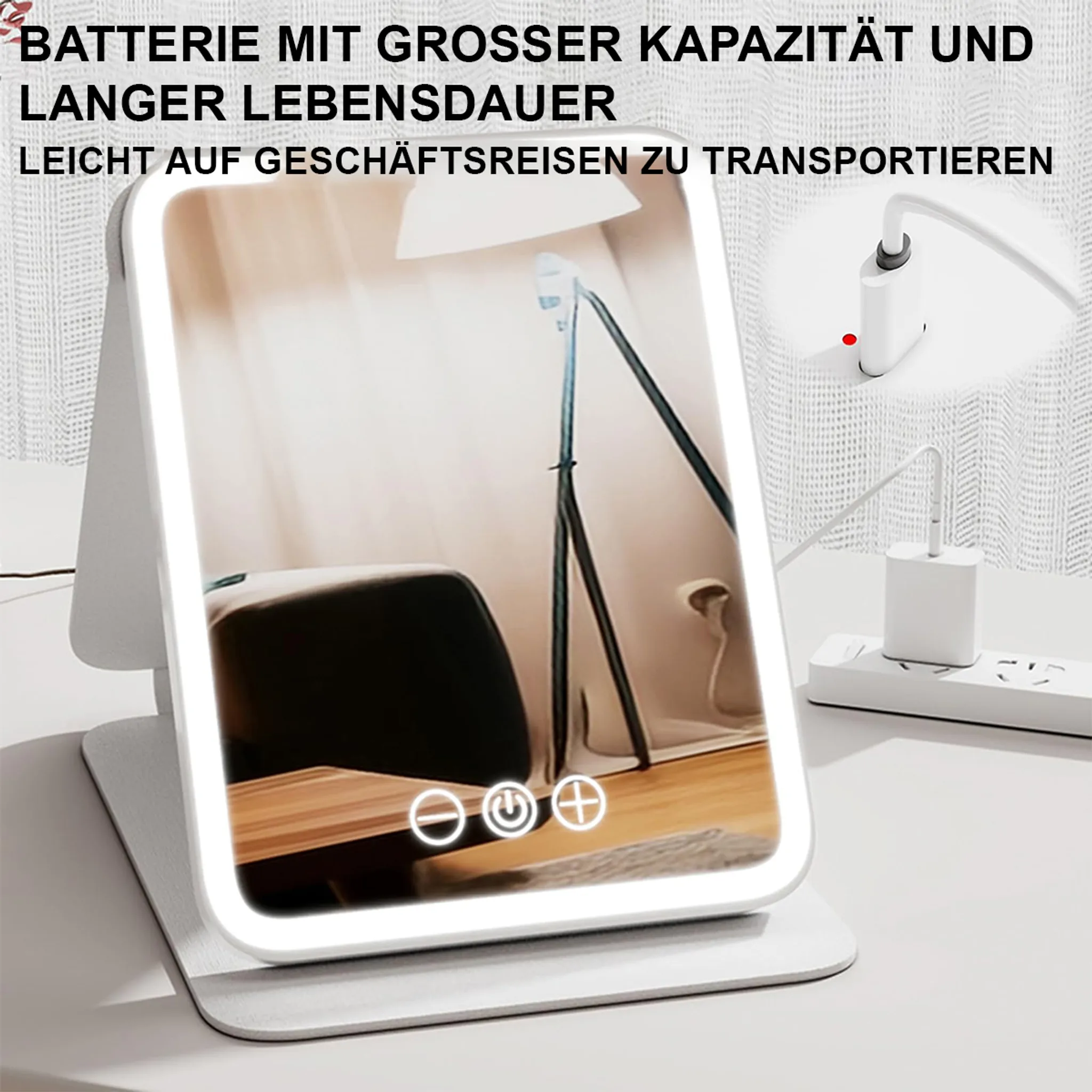 Beleuchteter Spiegel mit eingebautem Licht, Aufladen über USB. Tasten für Strom und Helligkeit. Weißer Sockel.