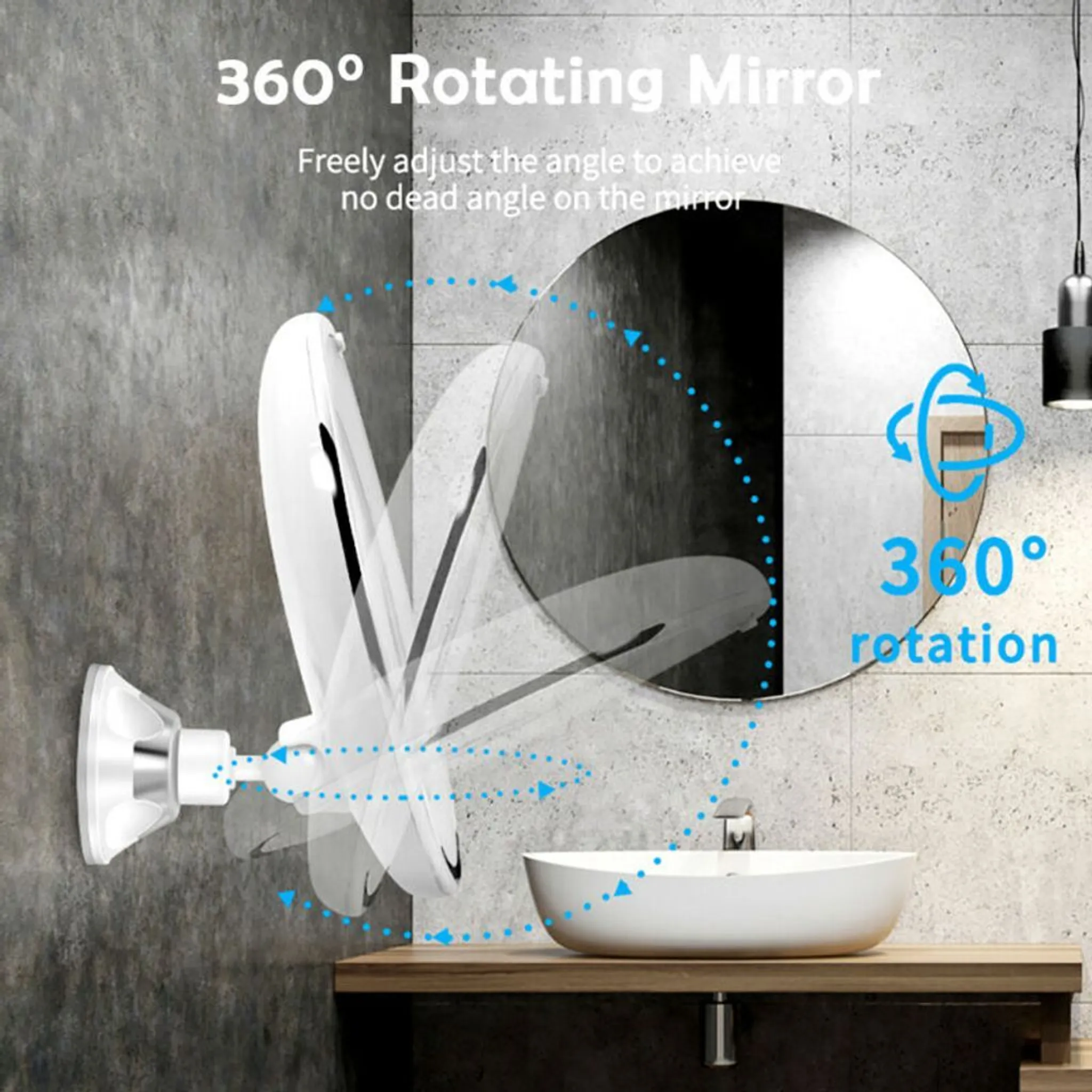 Ein weißer, drehbarer Spiegel in einem Badezimmer. Er hat eine 360-Grad-Drehfunktion und ein weißes Waschbecken darunter.