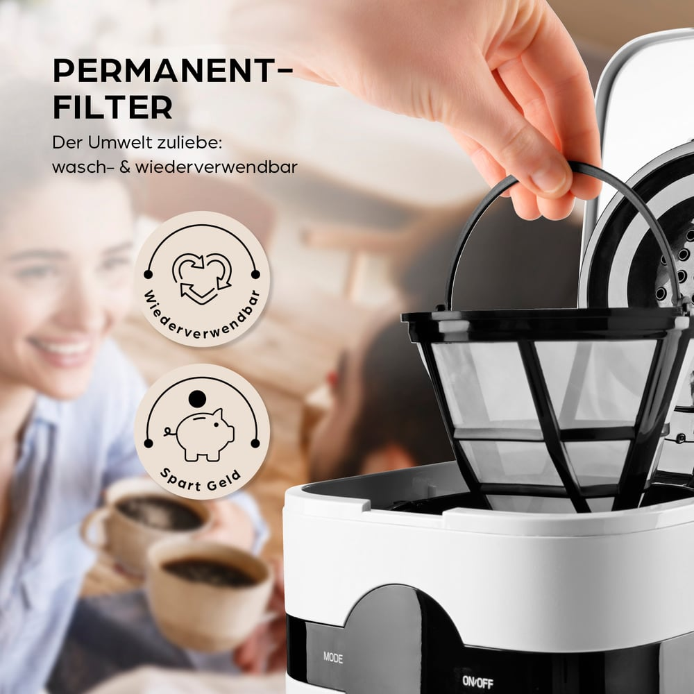 Una mano tiene un filtro nero di una macchina da caffè. Sullo sfondo, una donna sorride. Il testo recita 'PERMANENT-FILTER'.