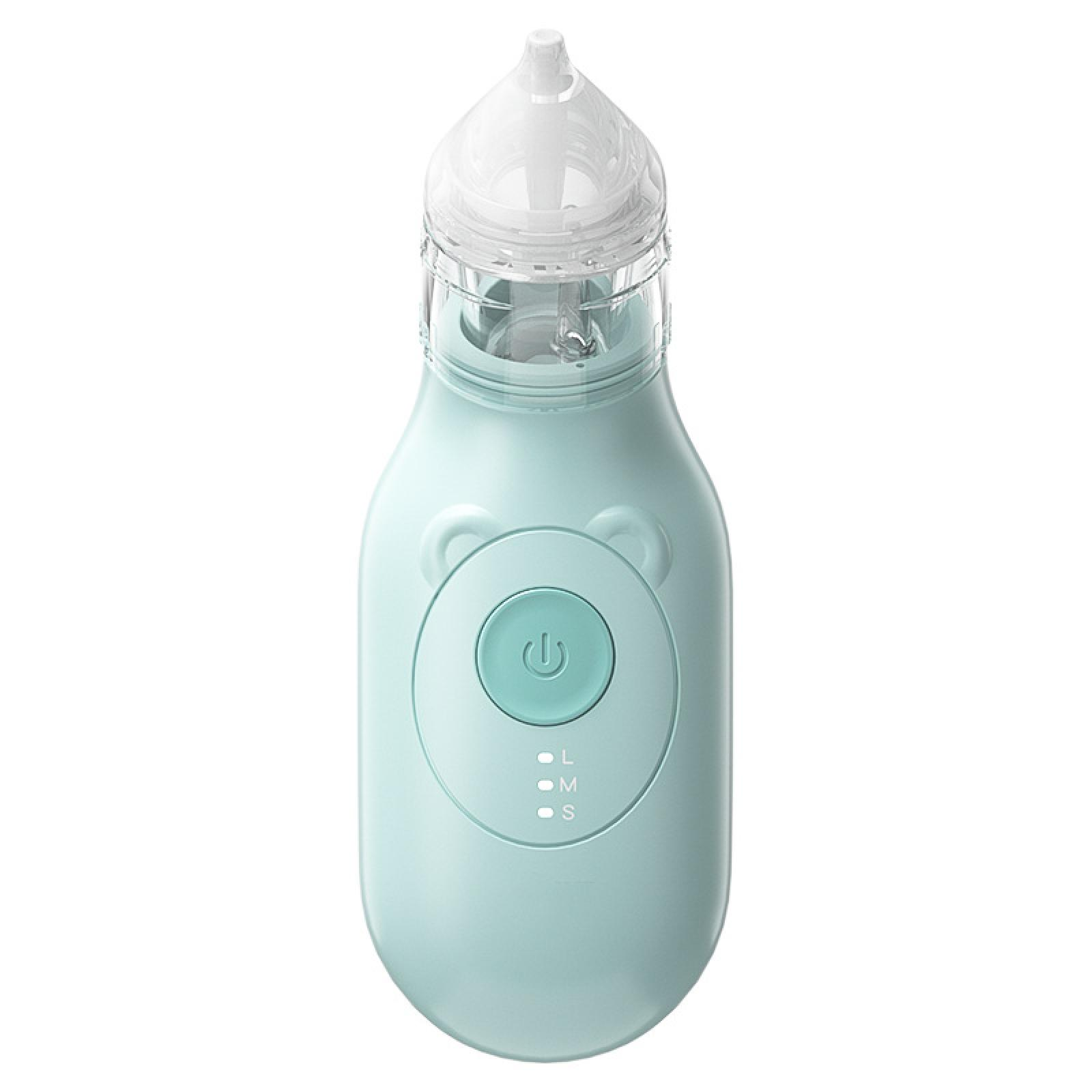 Ein Baby-Nasensauger. Er ist hellblau mit einer durchsichtigen Spitze. Er hat einen Ein-/Ausschalter und Saugstärkenanzeigen.