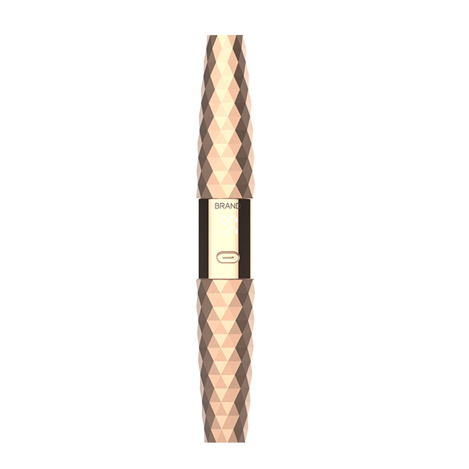 Ein roségoldenes Gerät mit geometrischem Design und einem schwarzen Mittelteil. Die Mitte hat einen Markennamen und einen kleinen Bildschirm.