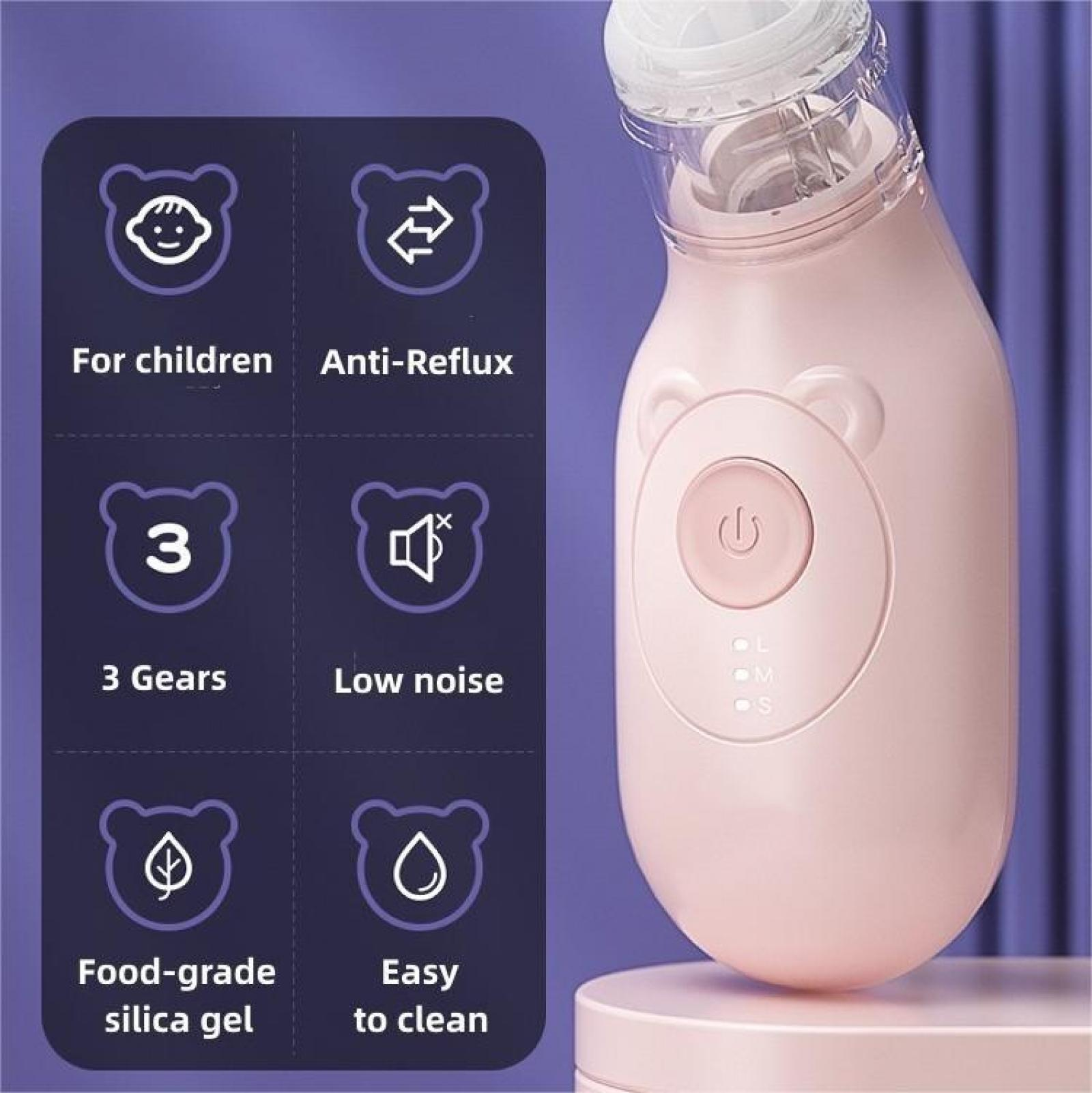 Ein rosa Babyprodukt mit Funktionen wie Anti-Reflux, geräuscharm und leicht zu reinigen. Es hat einen Power-Knopf und 3 Gänge.