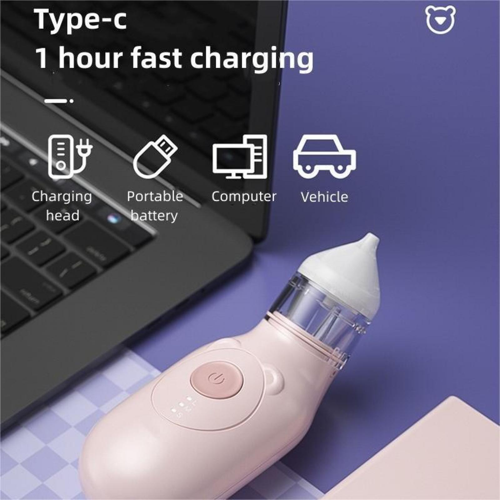 Ein rosa Babynasenreiniger befindet sich neben einem Laptop. Symbole für Laden, Akku, Computer und Fahrzeug werden angezeigt.