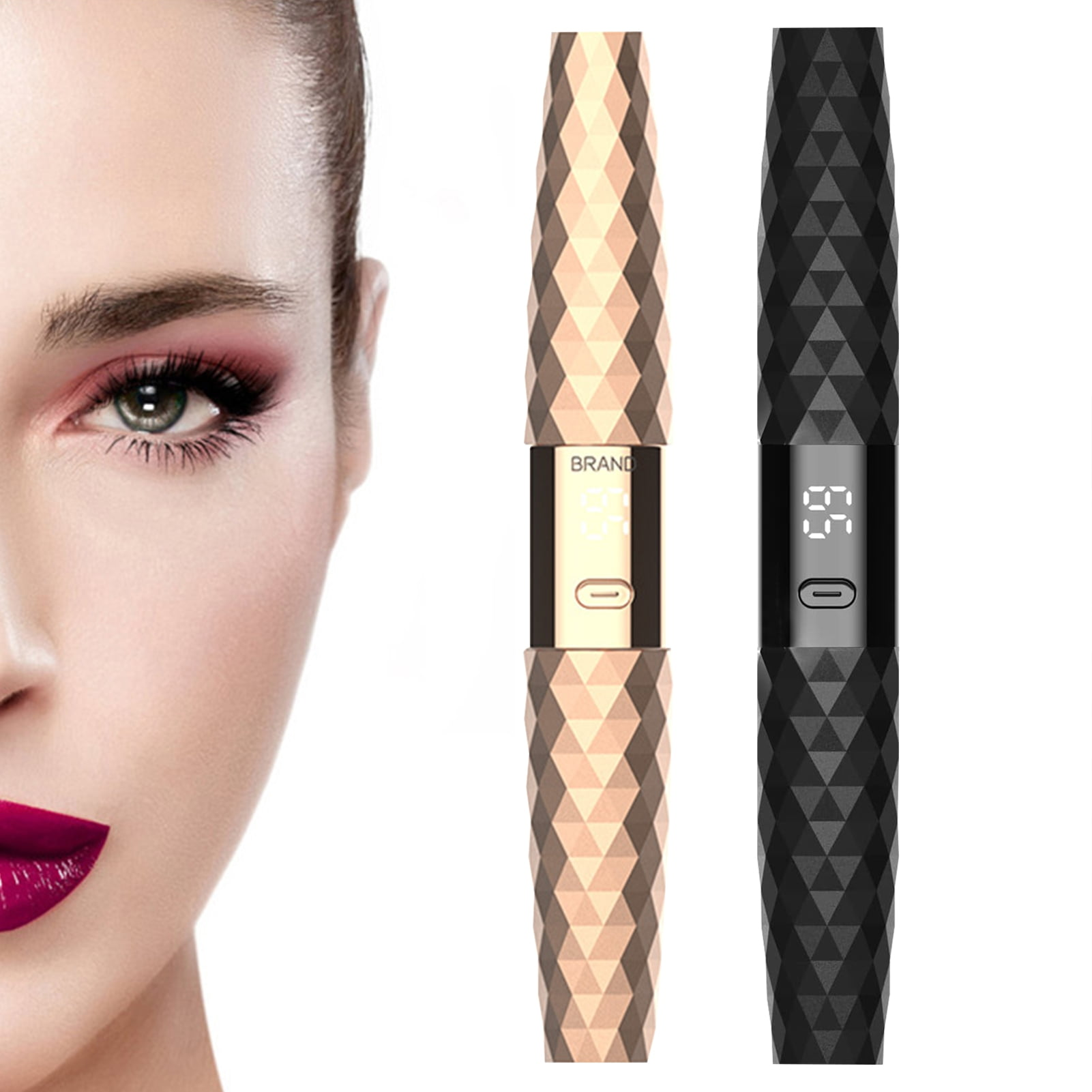 Gesicht einer Frau mit Augen-Make-up und zwei schwarzen und goldenen Kosmetikwerkzeugen. Die Werkzeuge haben Anzeigen mit Zahlen und einer Taste.