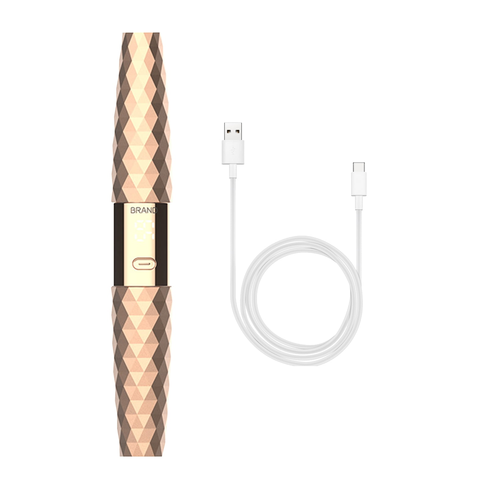 Ein roségoldenes Schönheitsgerät mit Diamantenmuster, kleinem Bildschirm und weißem Ladekabel.
