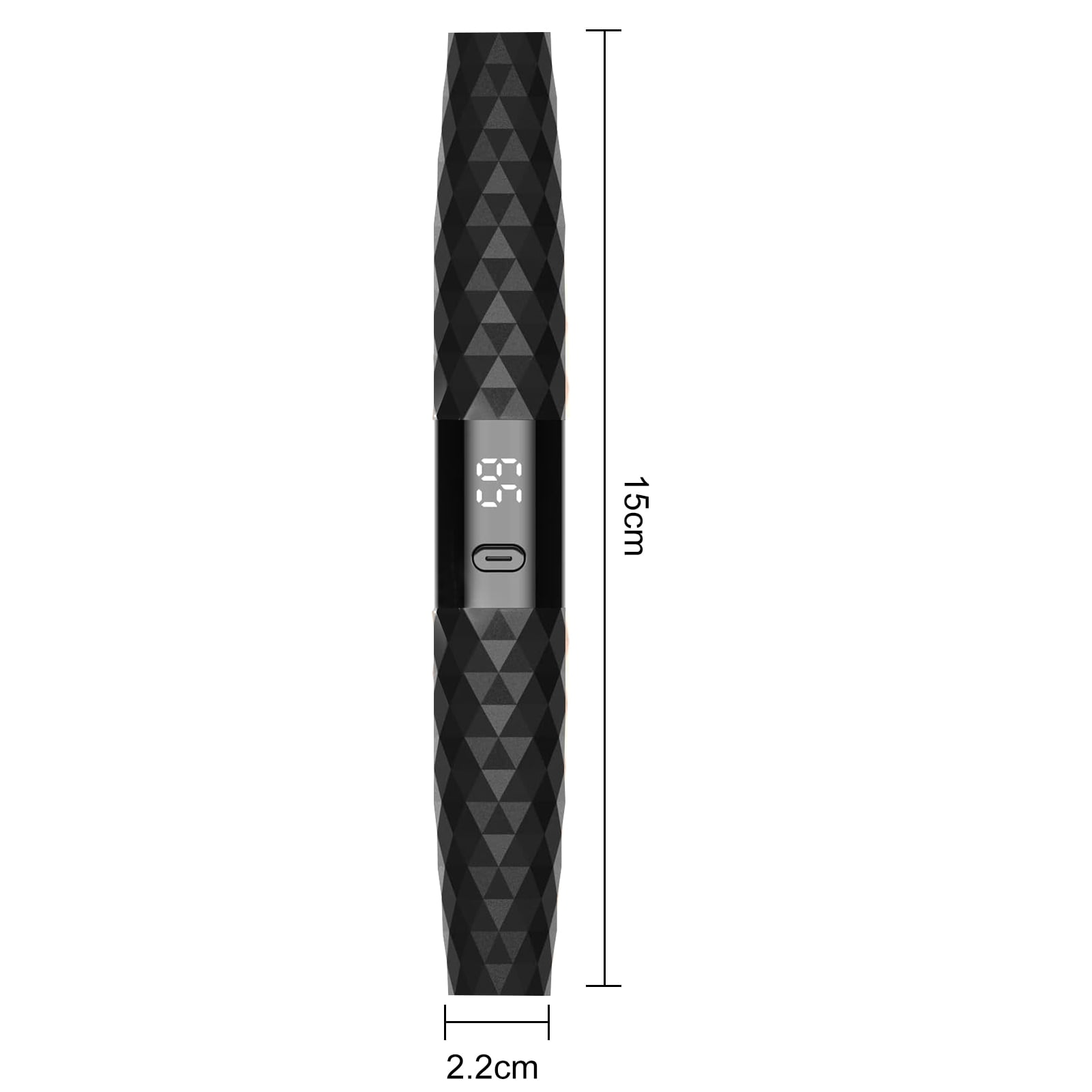 Ein schwarzes Gerät mit Diamantmuster und Digitalanzeige mit 69. Abmessungen: 15 cm lang und 2,2 cm breit.