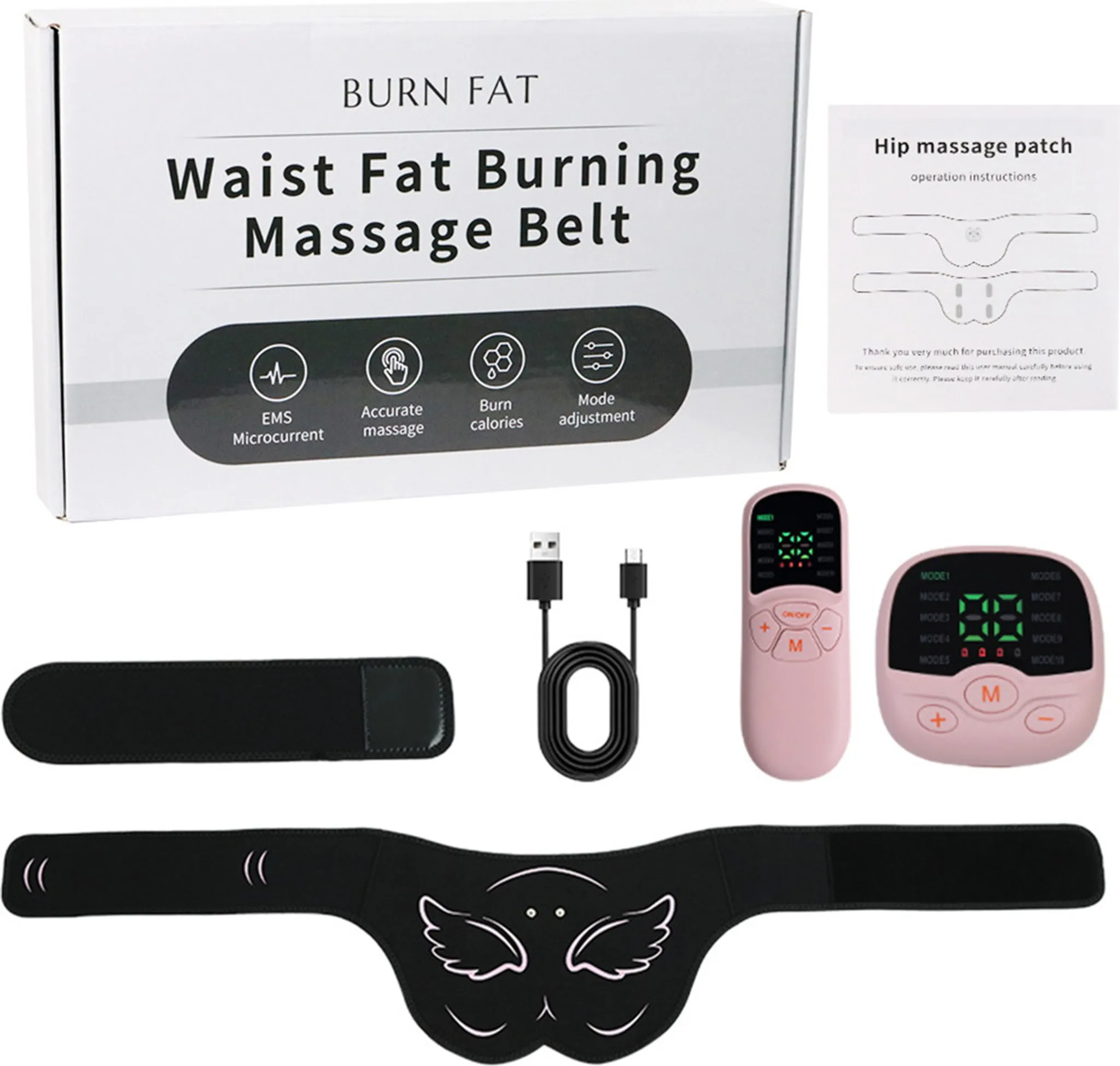 Ein Set mit einem Taillenfett-Massagegürtel wird angezeigt. Es umfasst einen Gürtel, Controller, ein Pflaster und eine Box.