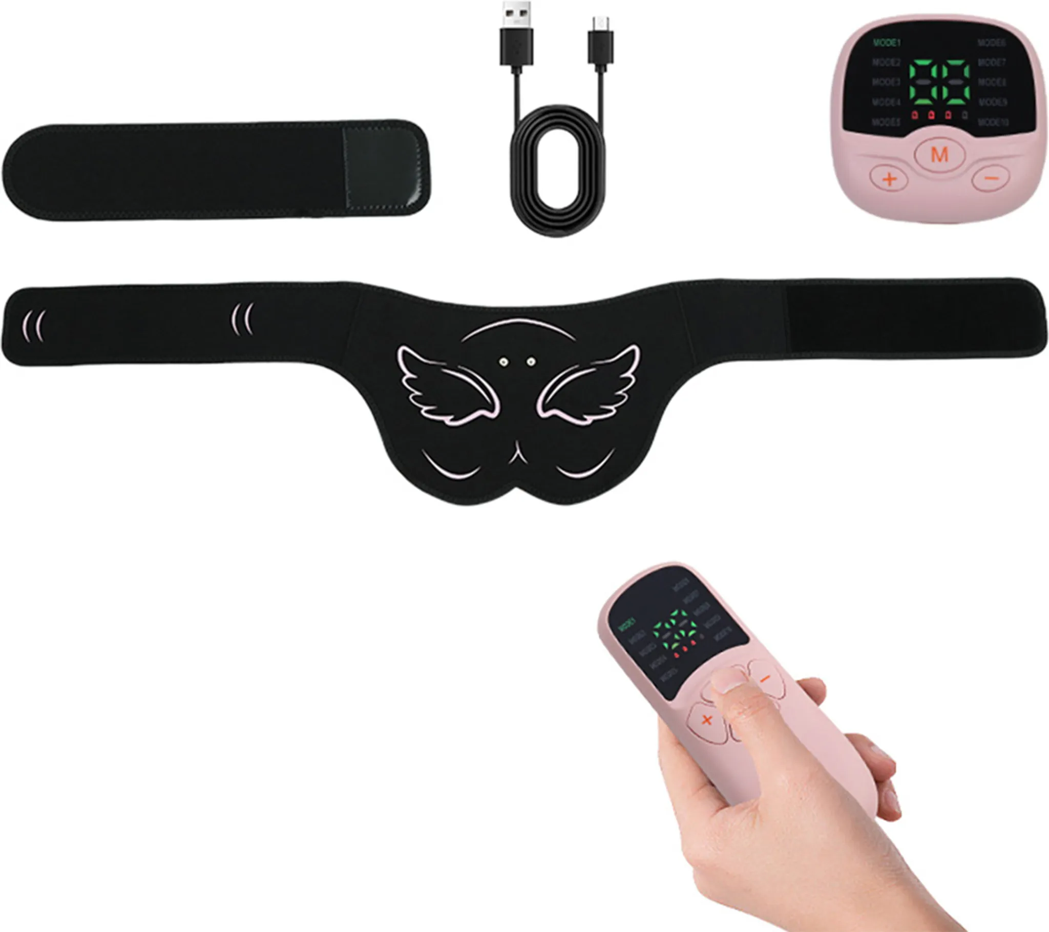 Schwarzer Gürtel mit rosa Bedienelementen, USB-Kabel und eine Hand, die eine rosa Fernbedienung hält. Digitalanzeige.