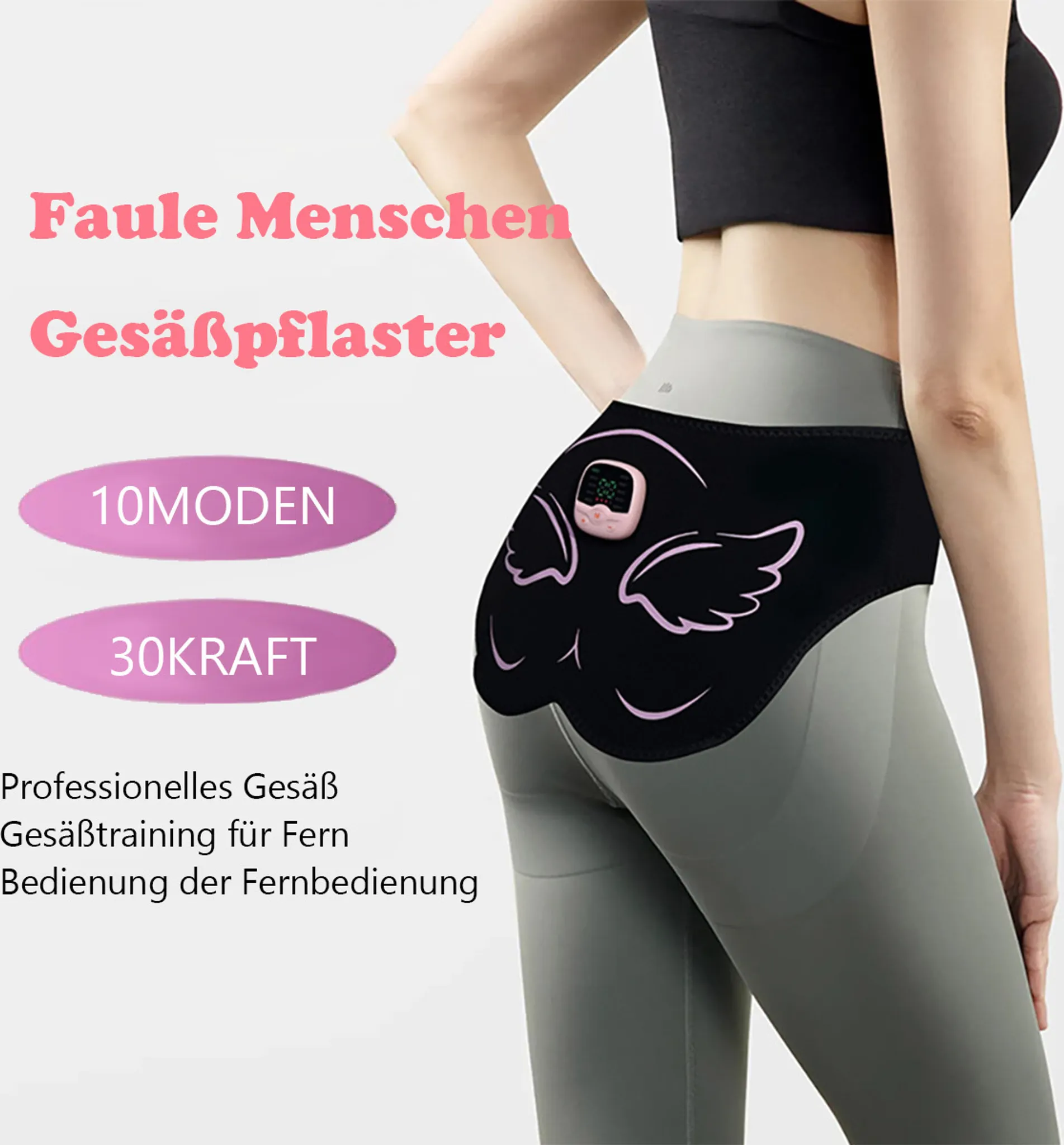 Eine Frau trägt graue Leggings und ein schwarzes Gerät am Gesäß. Rosa Text: 'Faules Menschen Gesäßpflaster'.