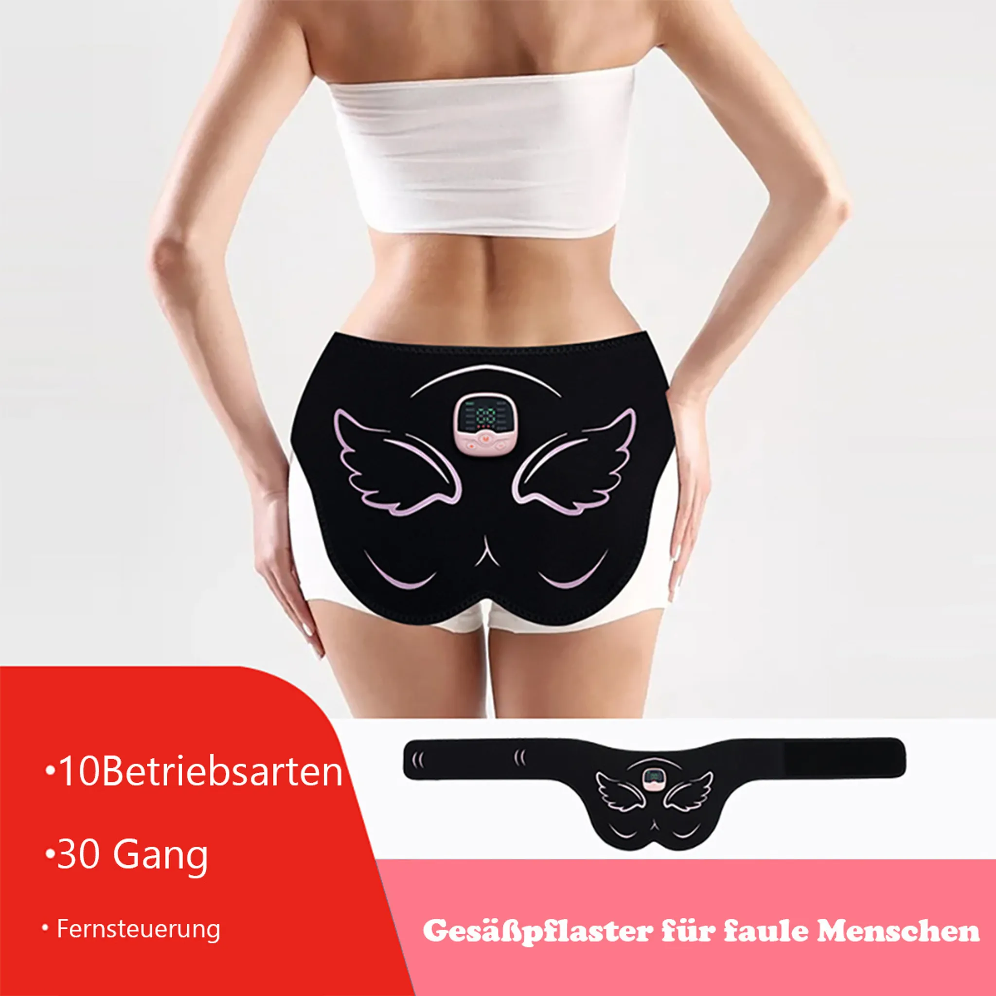 Eine Frau in einem weißen Trägertop und Unterwäsche hat einen elektrischen Muskelstimulator am Gesäß.