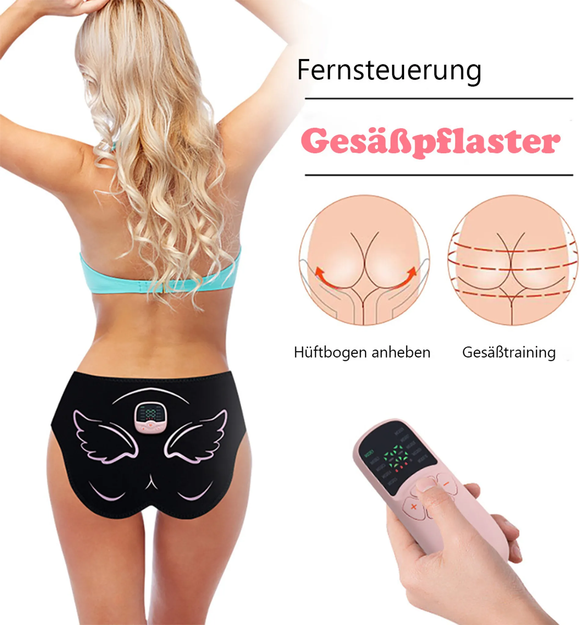 Eine Frau trägt Gesäßpolster und Fernbedienung. Diagramme zeigen Gesäßmuskelübungen. Der Text auf Deutsch.