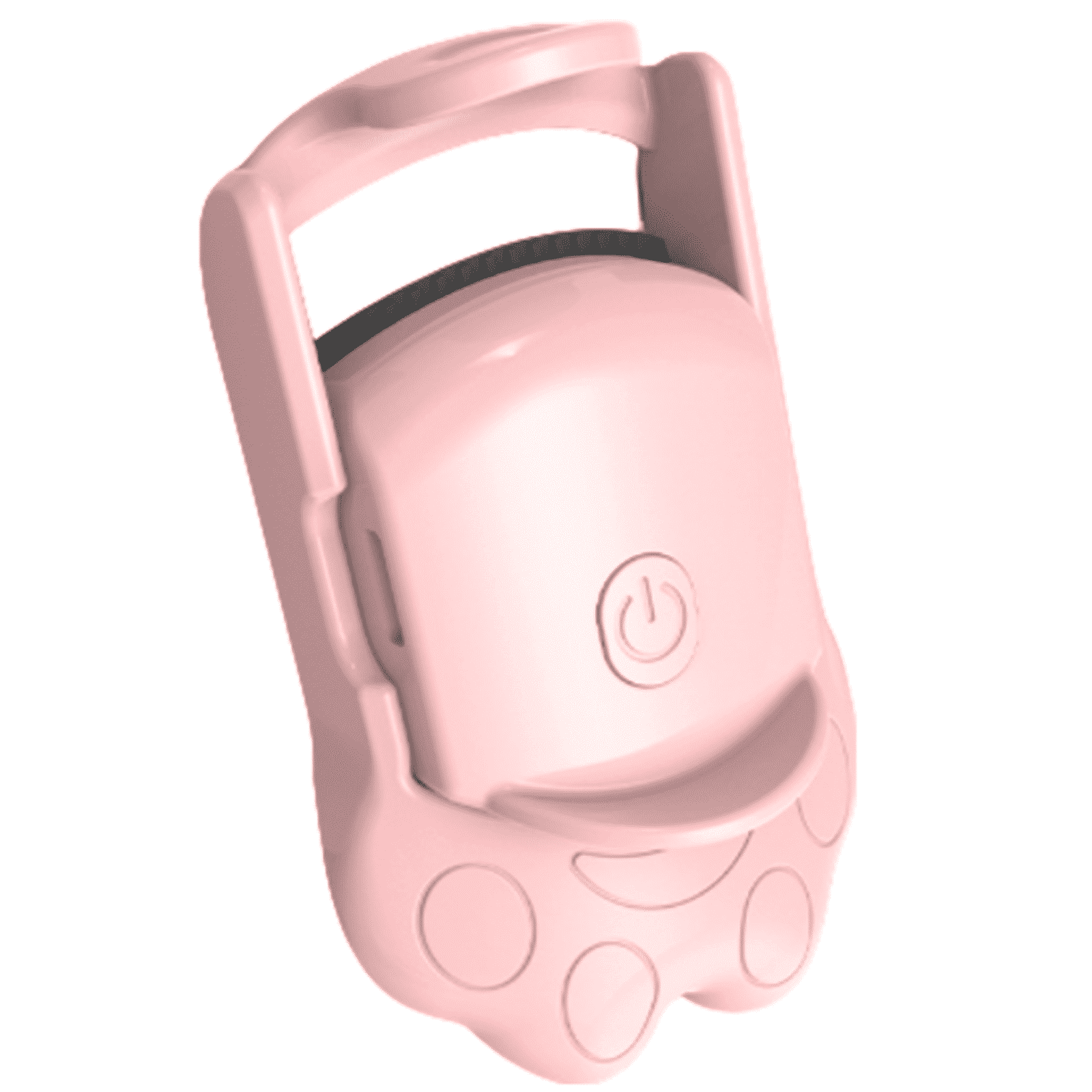 Ein rosa Wimpernzange mit Griff. Es hat einen Power-Knopf und eine abgerundete Basis mit Kreisen.