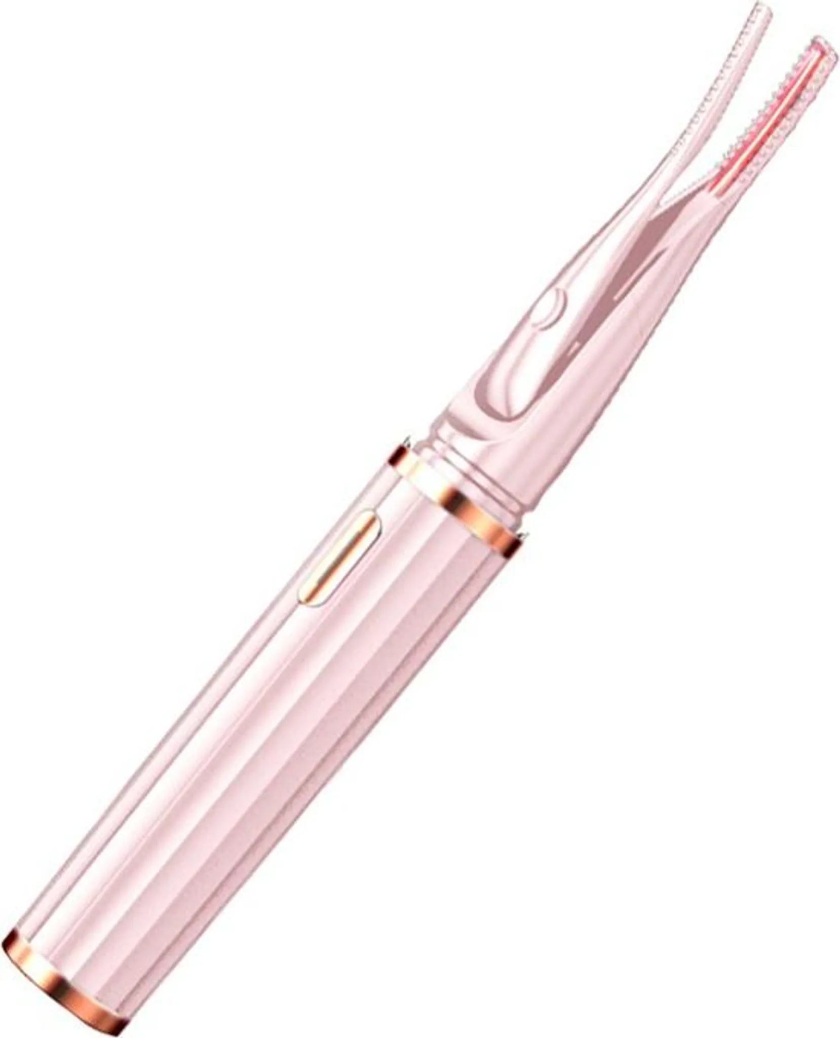 Ein rosafarbener Wimpernzange mit roségoldfarbenen Akzenten. Es hat geriffelte Griffe und ein gebogenes Ende mit zahnartigen Strukturen.