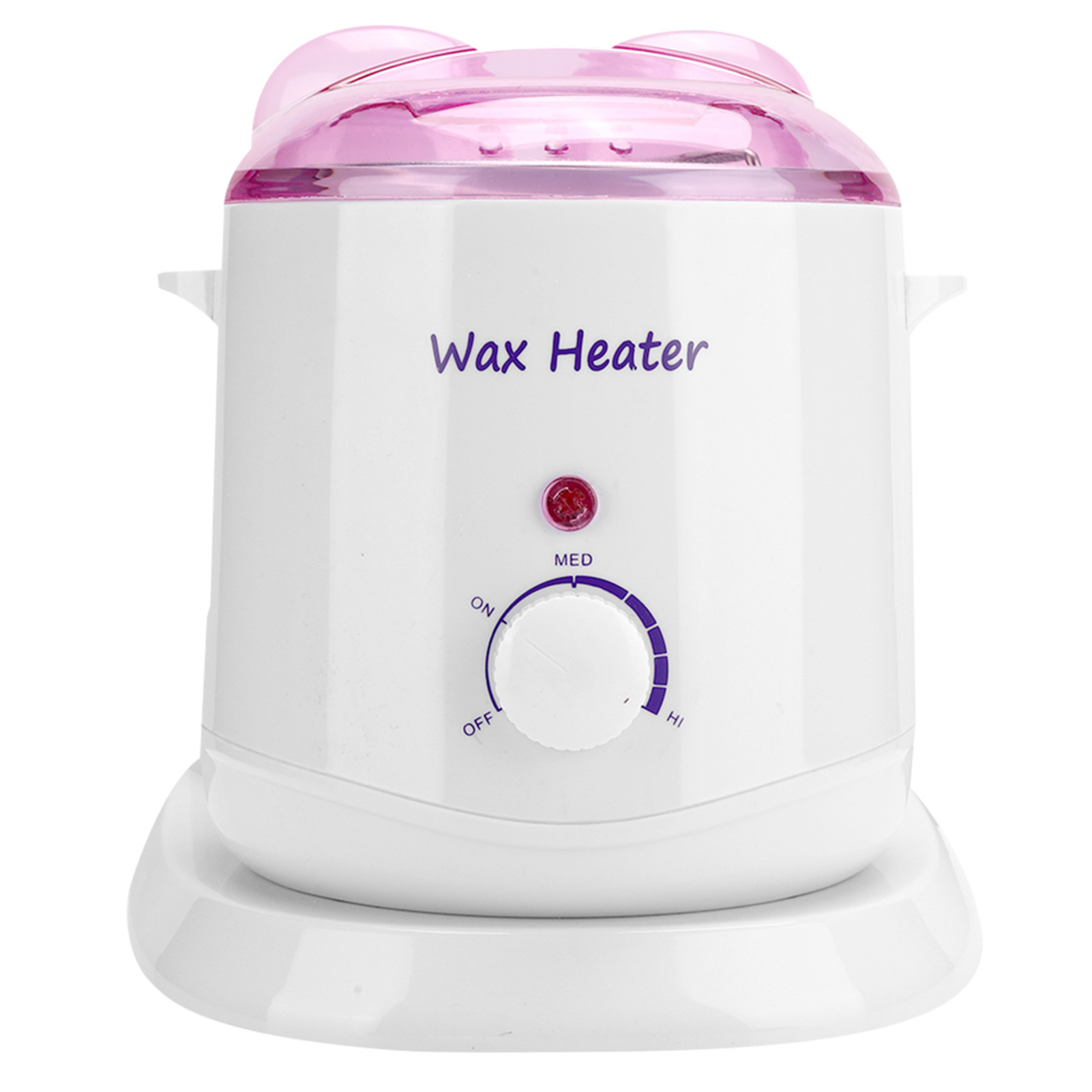 Ein weißer Wachsheizer mit rosa Deckel. Er hat ein Zifferblatt und eine rote Kontrollleuchte. Der Text "Wax Heater" ist sichtbar.